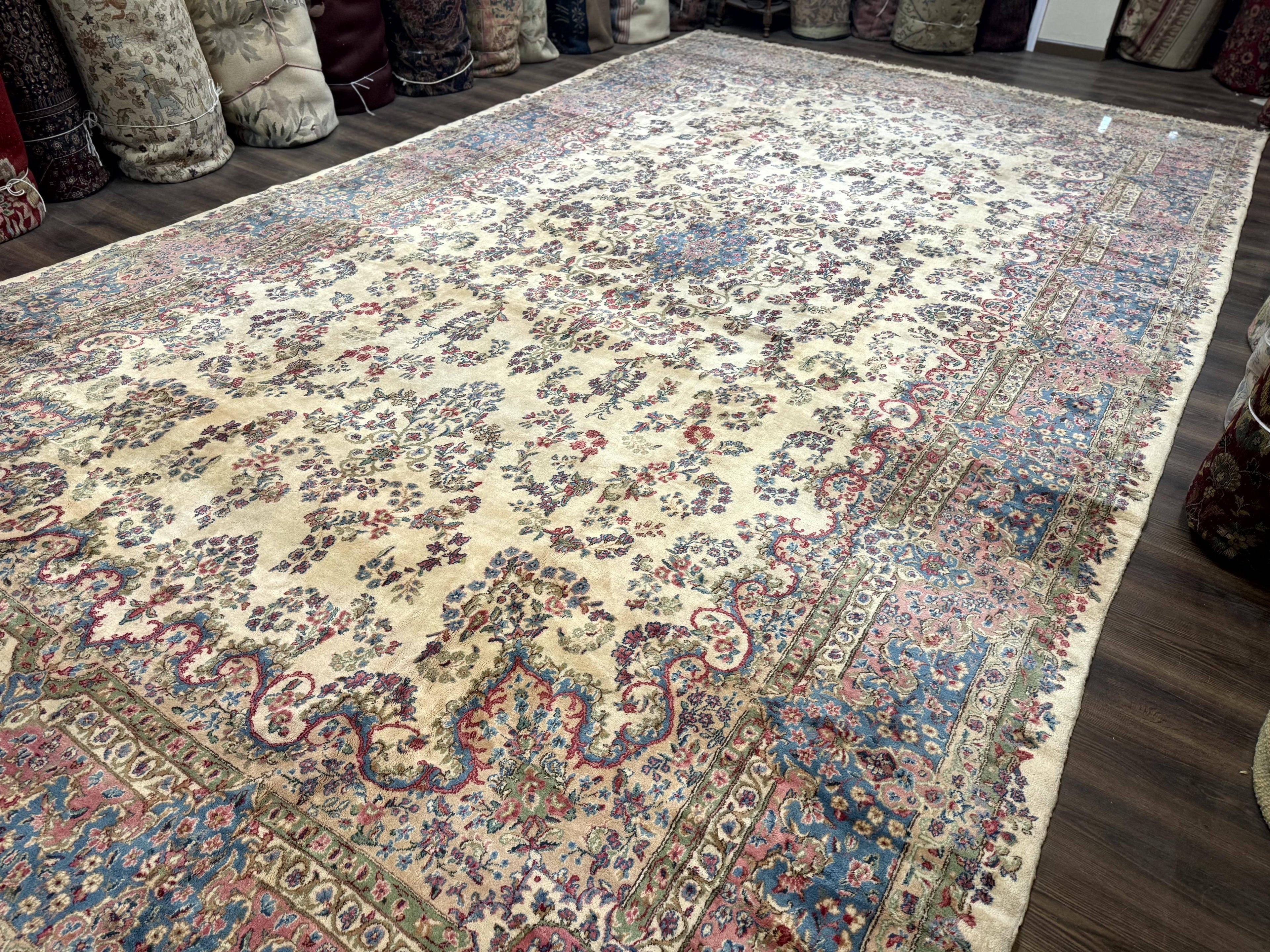Palace Size Persian Kerman Rug 11x20 ft, Very Fine 340 KPSI, Vintage Oversized Wool Handmade Large Persian Carpet, Beige Light Blue Pink