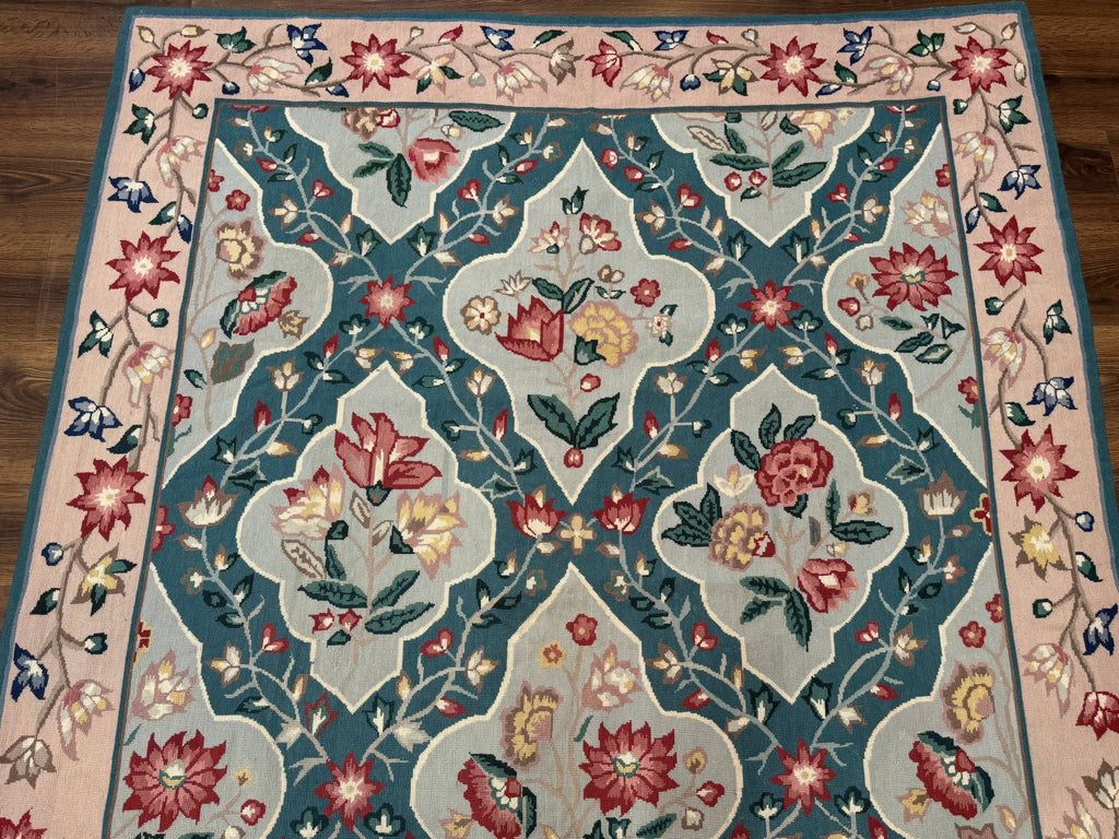 Teal Needlepoint Rug 6x9, Panel Design, Floral Bouquets, Handmade