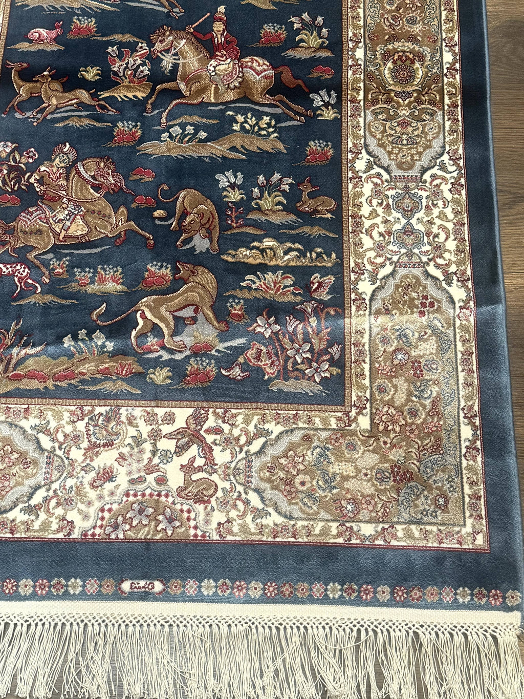 Turkish Silk Hunting Scene Rug 2.6 x 5, Dark Steel Blue & Ivory, Bamboo Silk, New