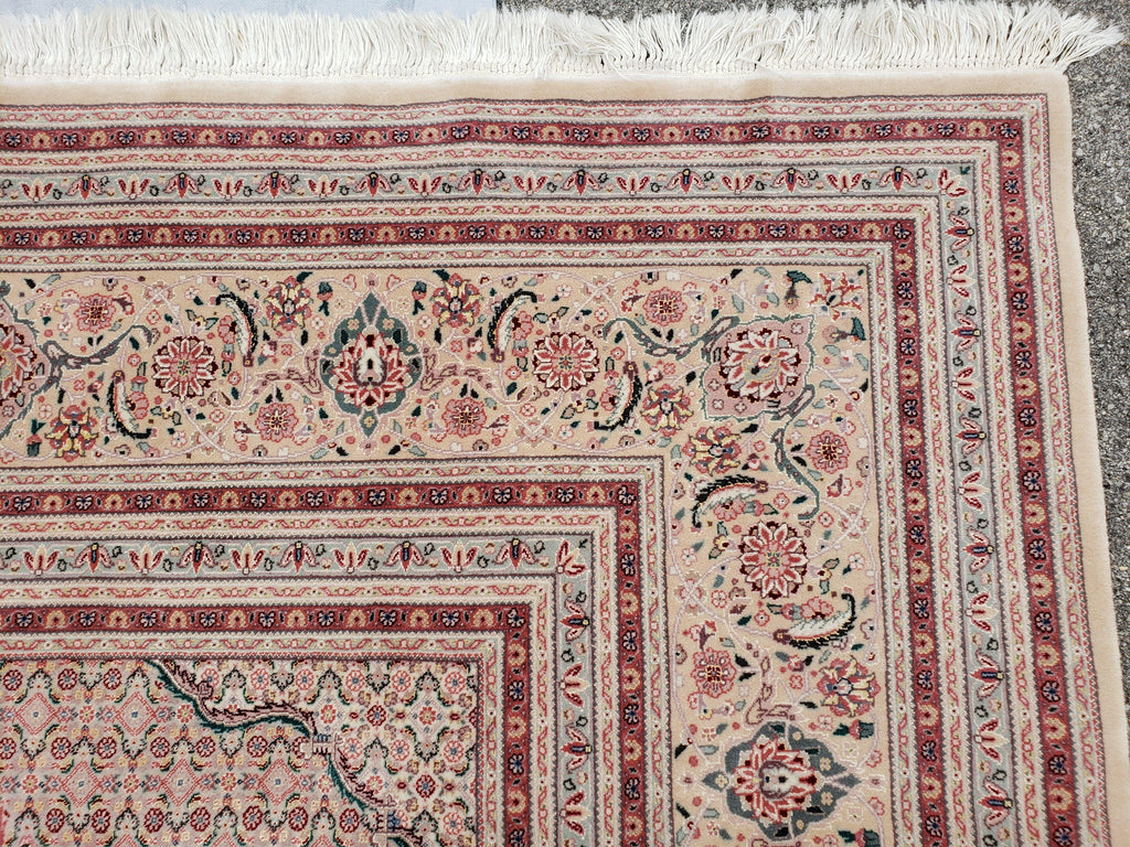 Stunning Oversized Pak Persian Oriental Rug 12x15, Hand Knotted Wool & Silk Palace Sized Carpet, Mahi Pattern, Very Fine, Peach Beige, Wow