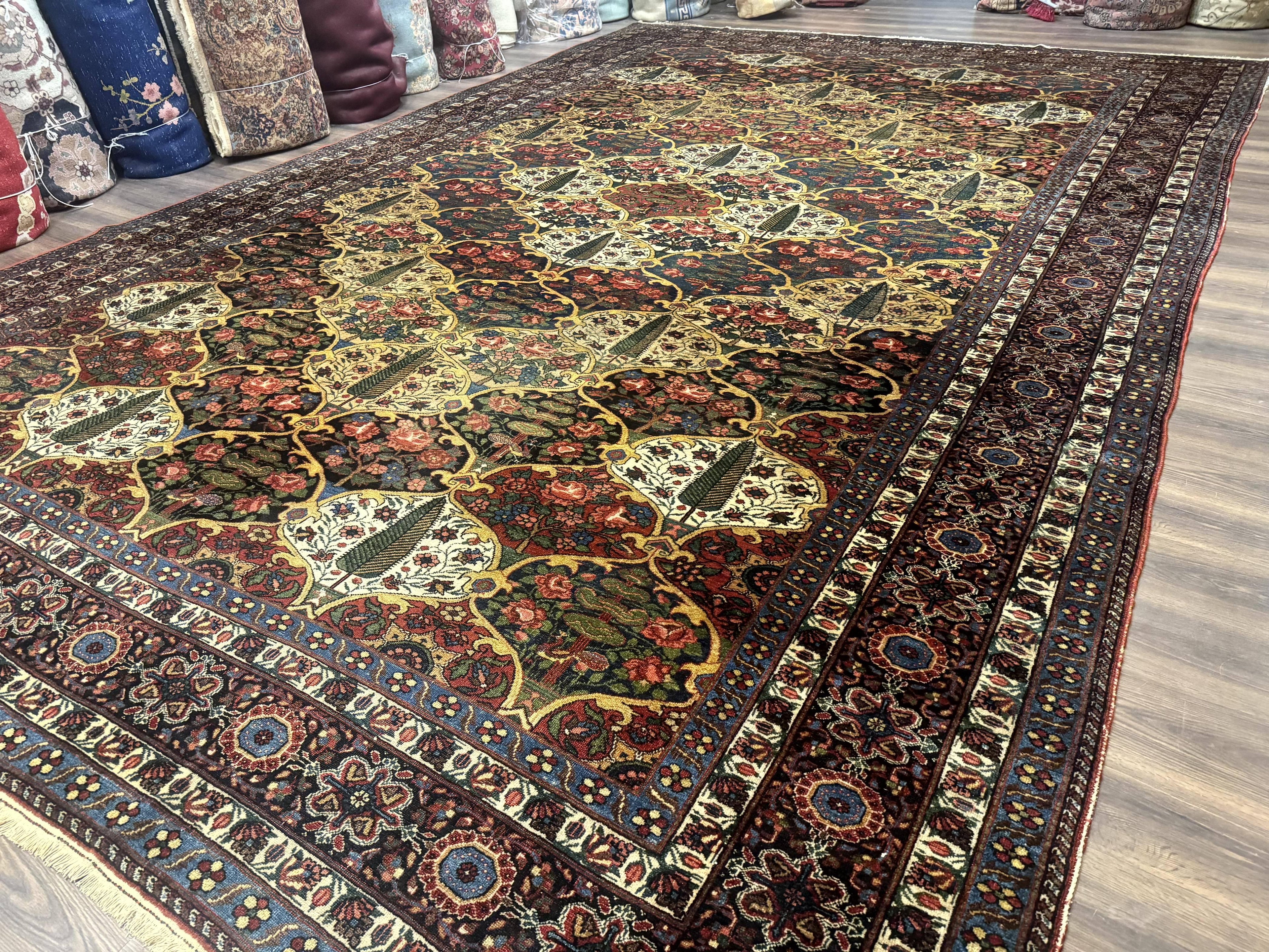 Antique Persian Bakhtiari Rug 12x19, Palace Size Wool Handmade Persian Carpet, Oversized Rug, Panel Design, Peacocks, Multicolor, Rare