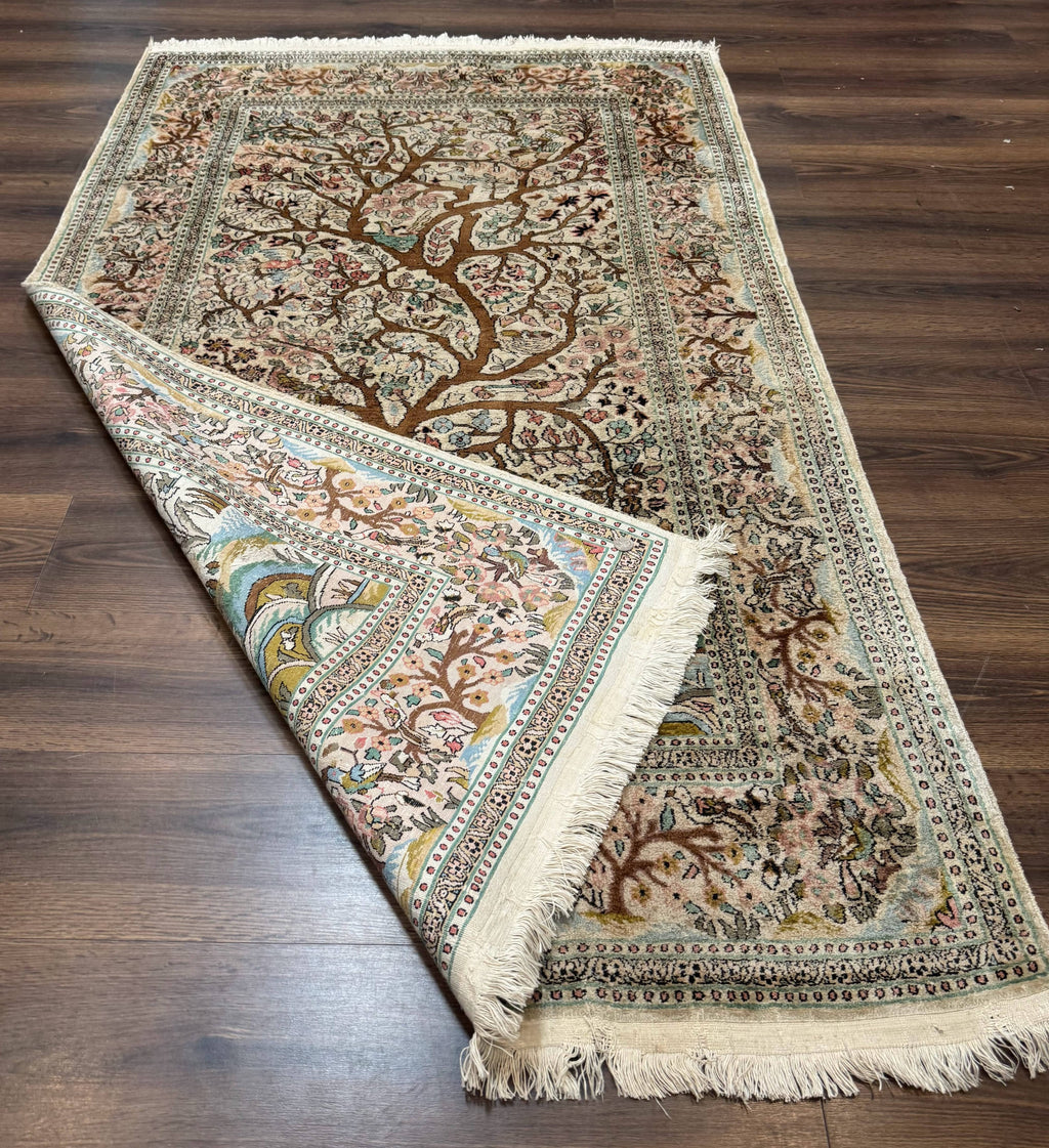 Indian Kashmiri Silk Rug 4x7, Tree of Life Design, Very Fine 380 KPSI, Birds
