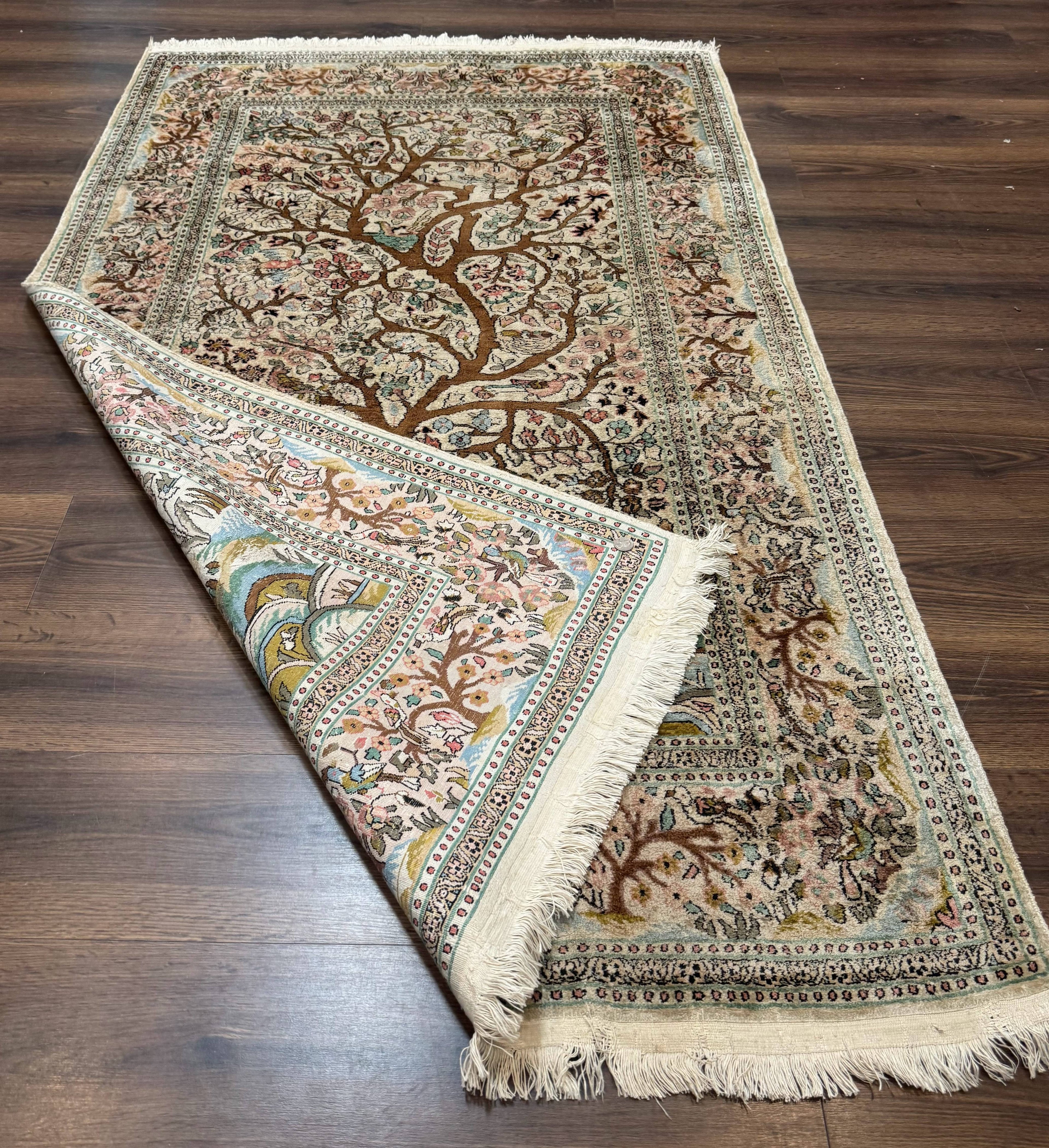 Indian Kashmiri Silk Rug 4x7, Tree of Life Design, Very Fine 380 KPSI, Birds