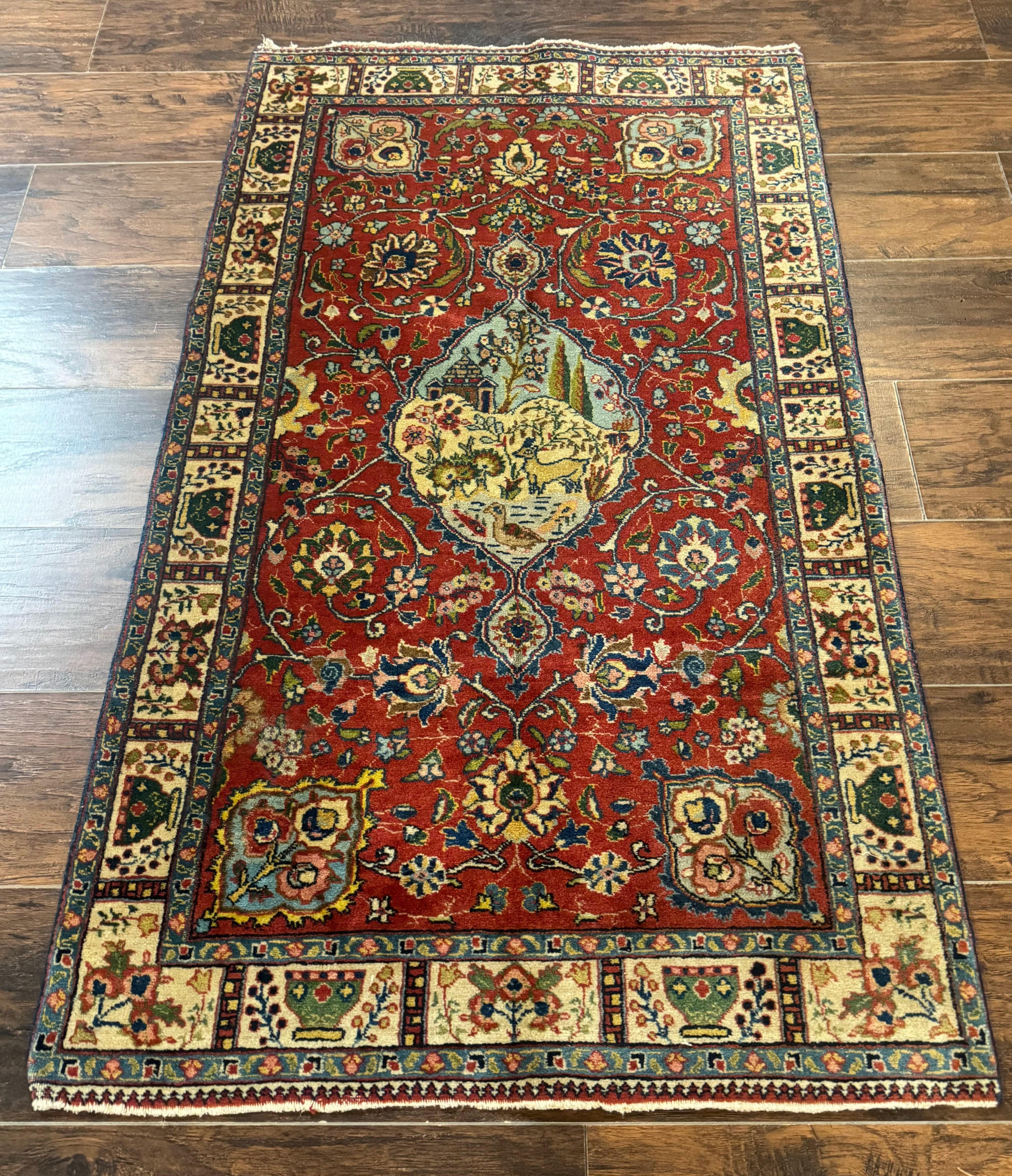Small Persian Tabriz Rug 2.8 x 4.7, Red, Animal Pictorials, Semi Antique Vintage