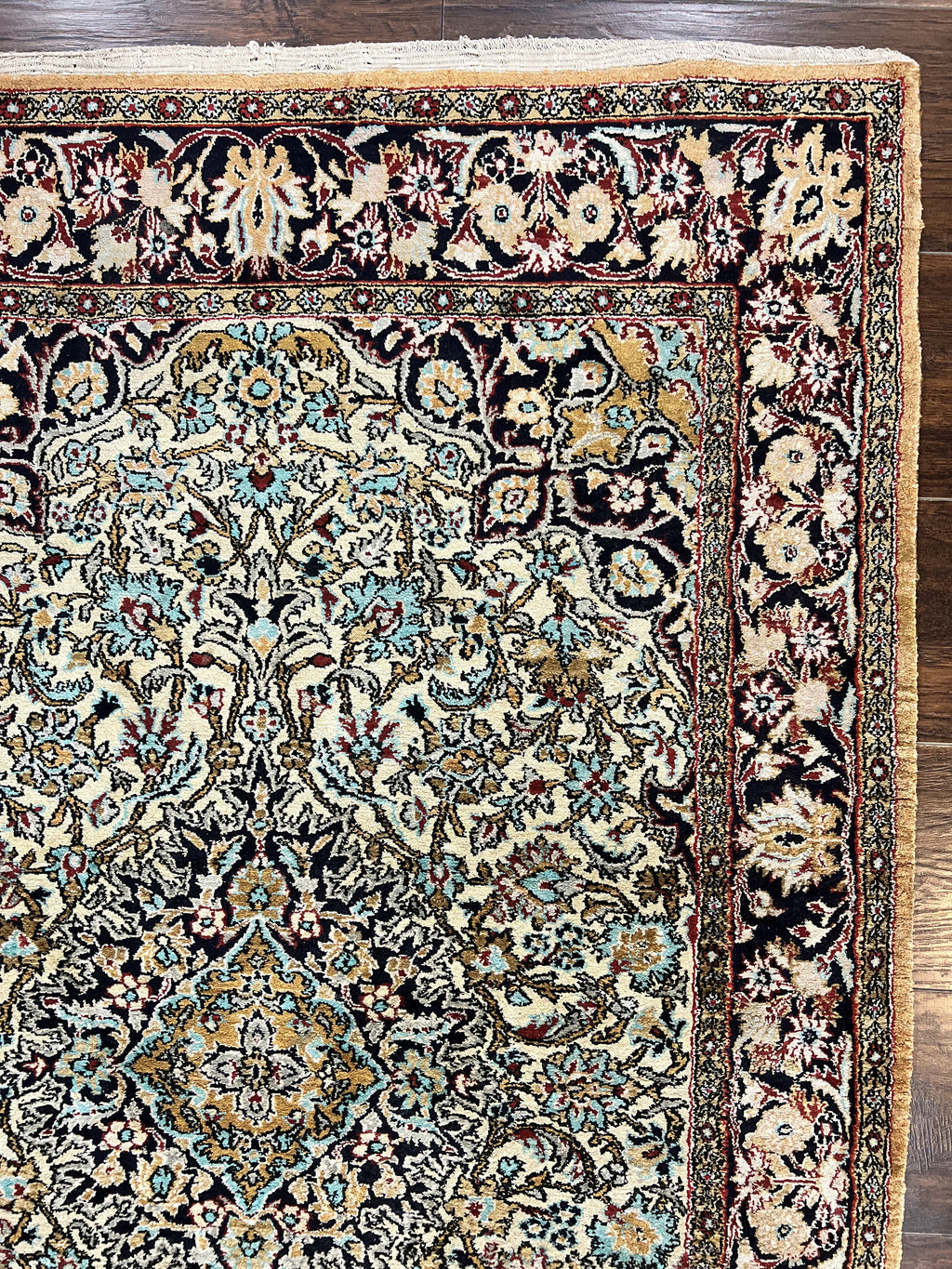 Silk Persian Qum Rug 4x5, Hand Knotted Vintage Carpet, Cream & Navy Blue, Silk Pile on Silk Foundation, Very Fine 360 KPSI