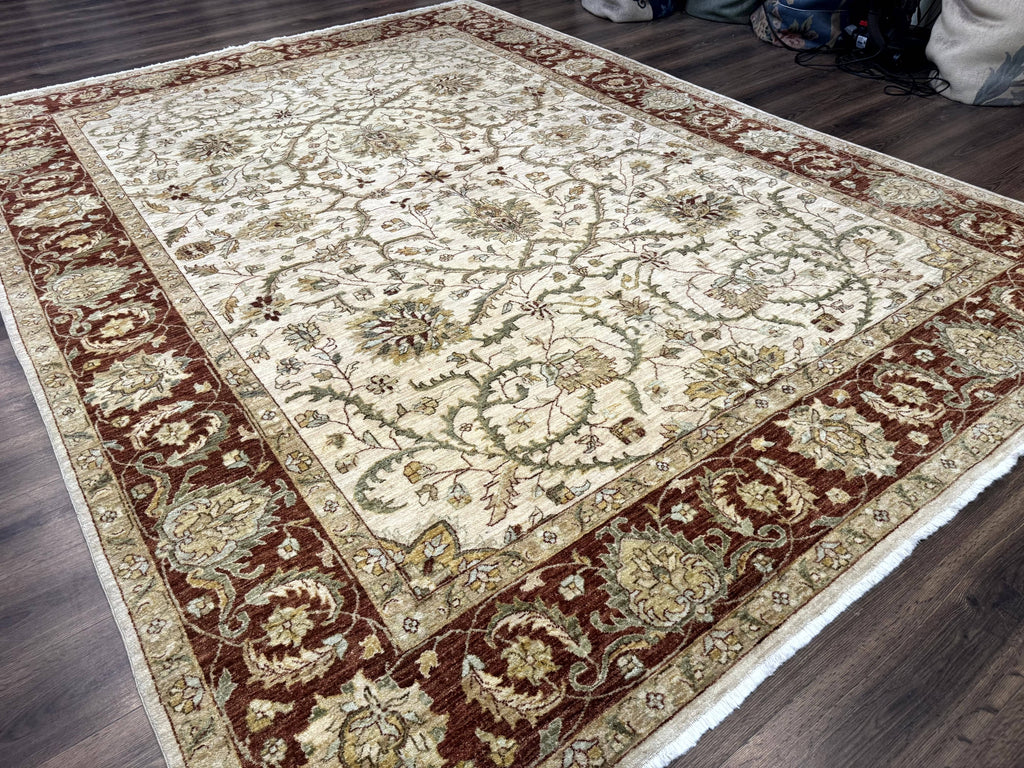 Pakistani Rug 9x12, Floral Allover Peshawar Carpet, Chobi, Beige and Rust Red, Traditional