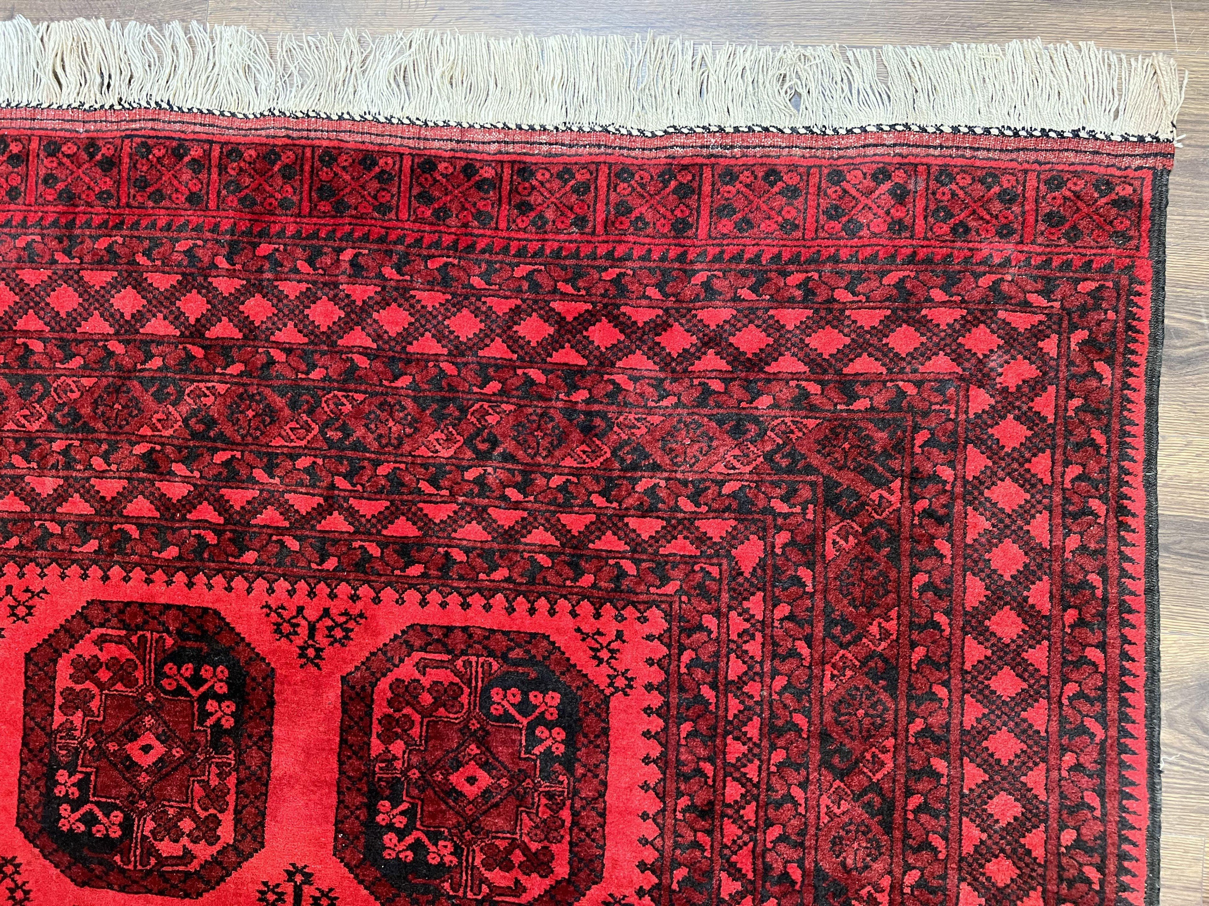 Afghan Turkoman Rug 7x10, Vintage Yamud Beshir Bokhara Carpet, Red and Black Bukhara Hand-Knotted Oriental Wool Handmade Rug, Elephant Foot