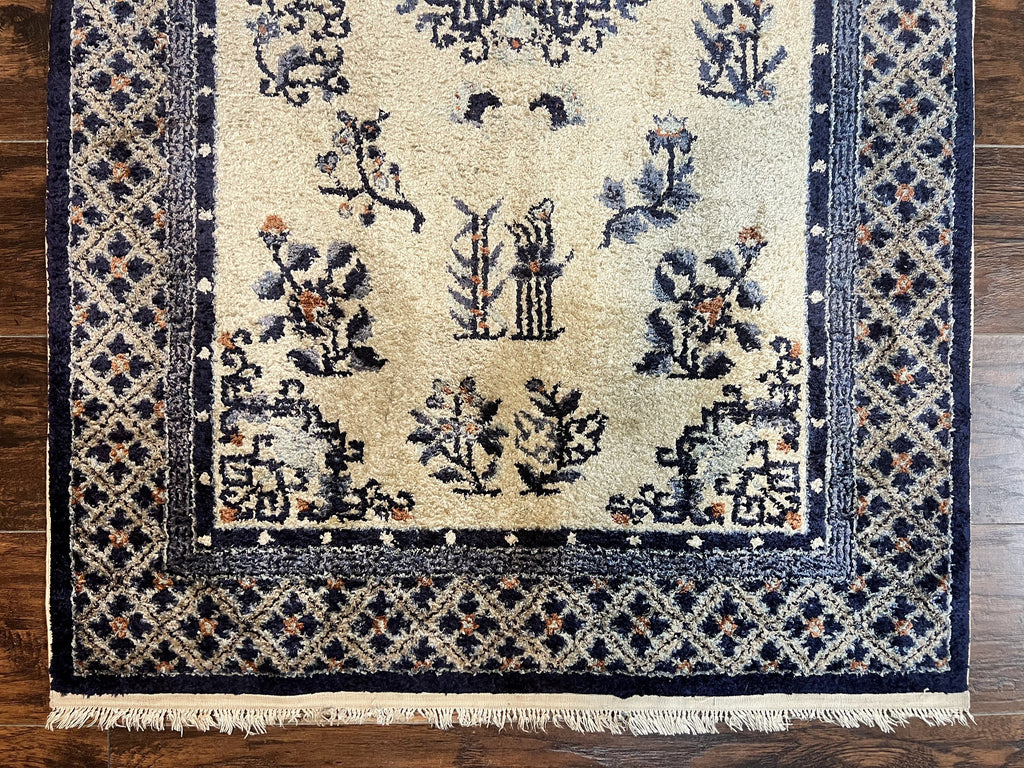 Silk Chinese Rug 3x5, Vintage Handmade Peking Carpet, Asian Oriental Art Deco Rug