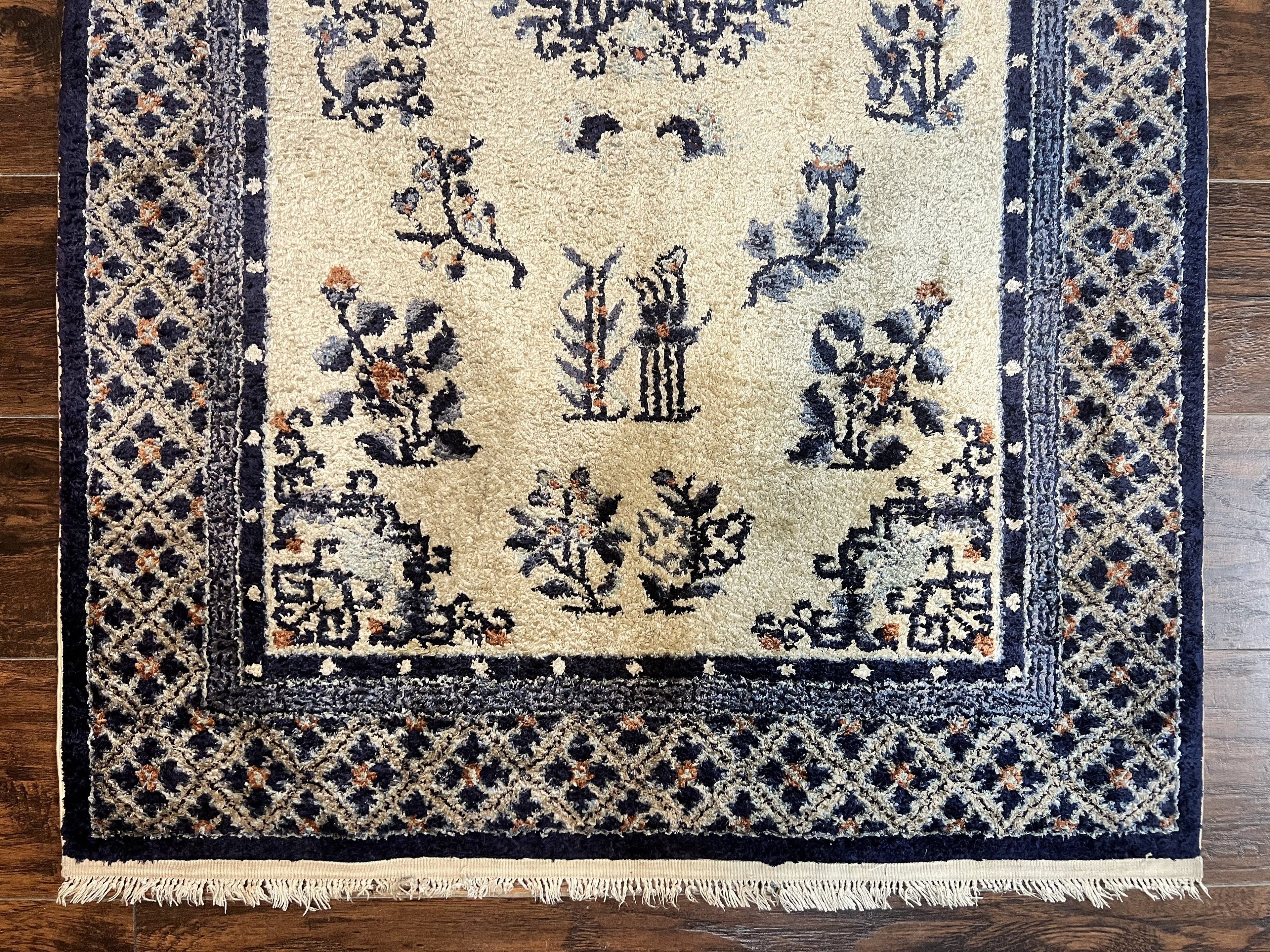Silk Chinese Rug 3x5, Vintage Handmade Peking Carpet, Asian Oriental Art Deco Rug