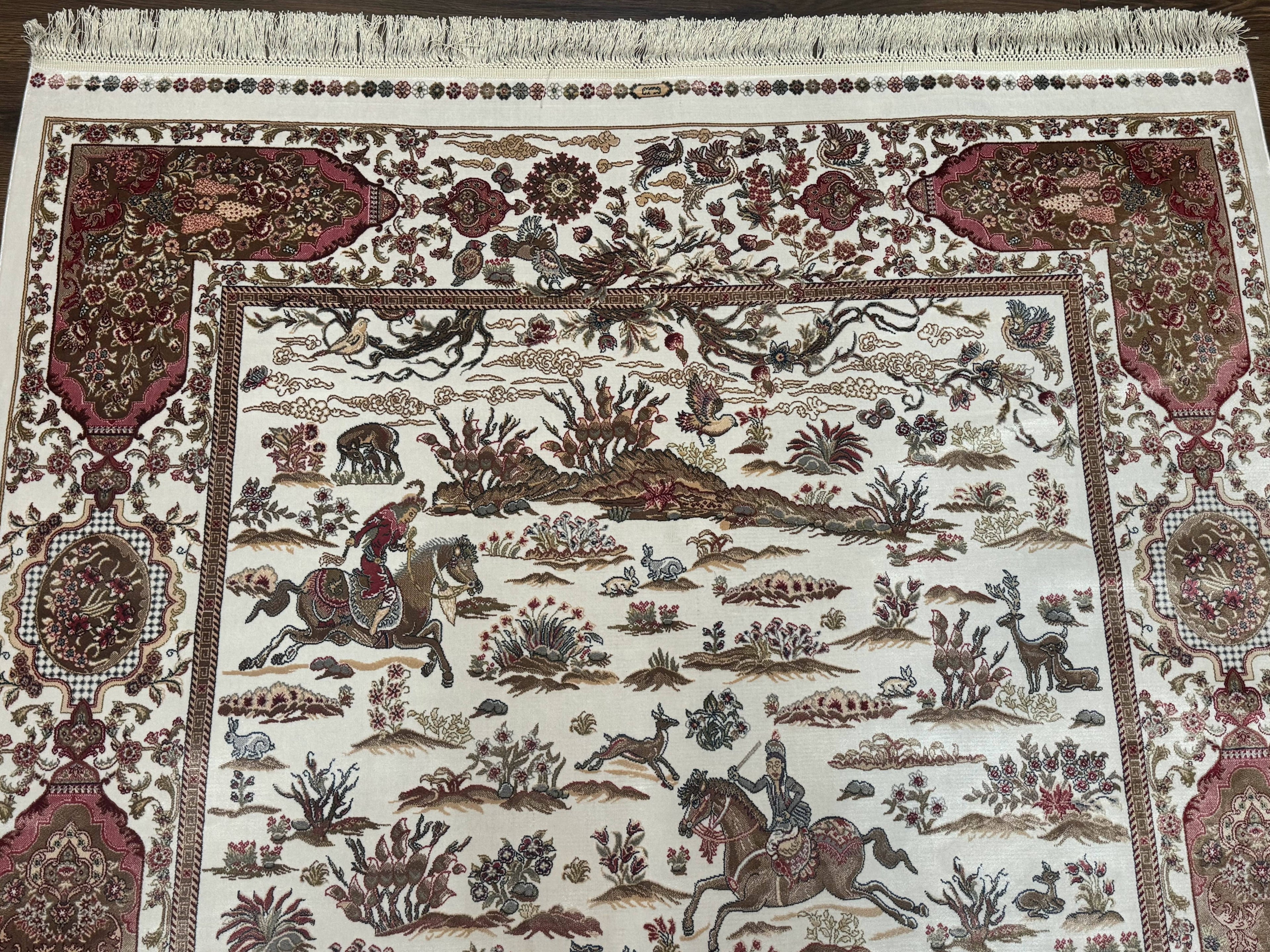 Turkish Silk Rug 5x8, Ivory, Hunting Design, Animal Pictorials, Bamboo Silk