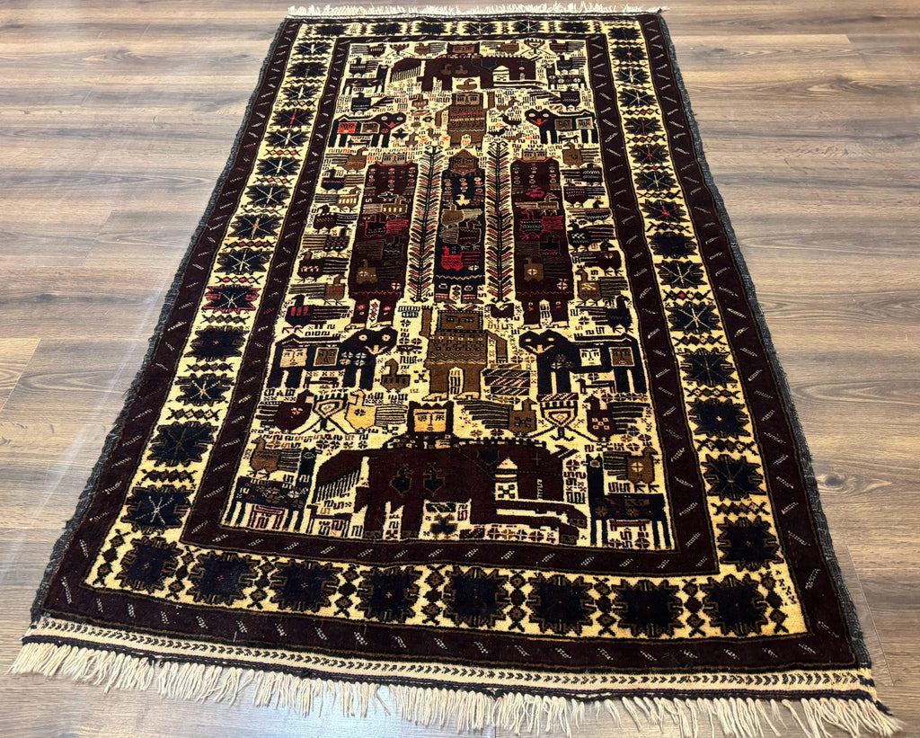 Persian Baluch Tribal Rug 4x6, Human and Bird Pictorials, Vintage, Wool, Collectible