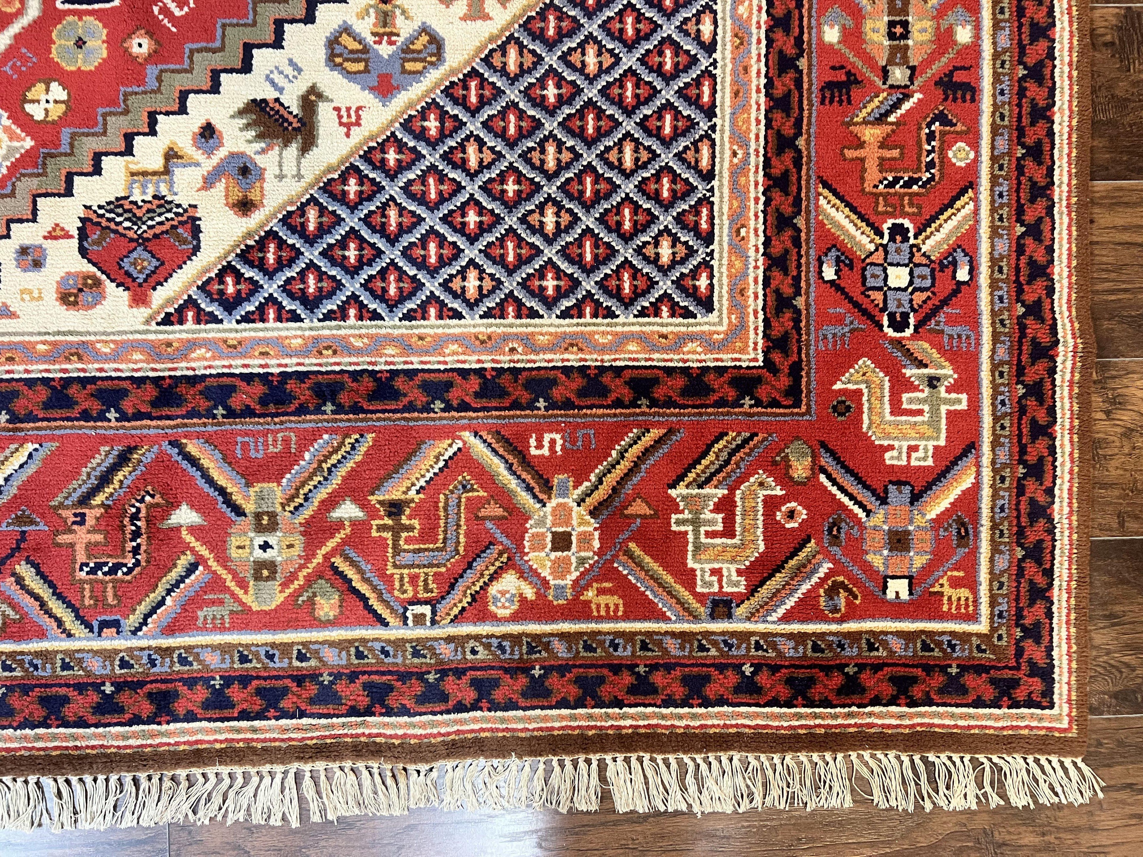 Belgium Power Loomed Rug 8x12, Geometric Medallions Persian Tribal Pattern, Vintage Wool Carpet, Ivory Red Blue