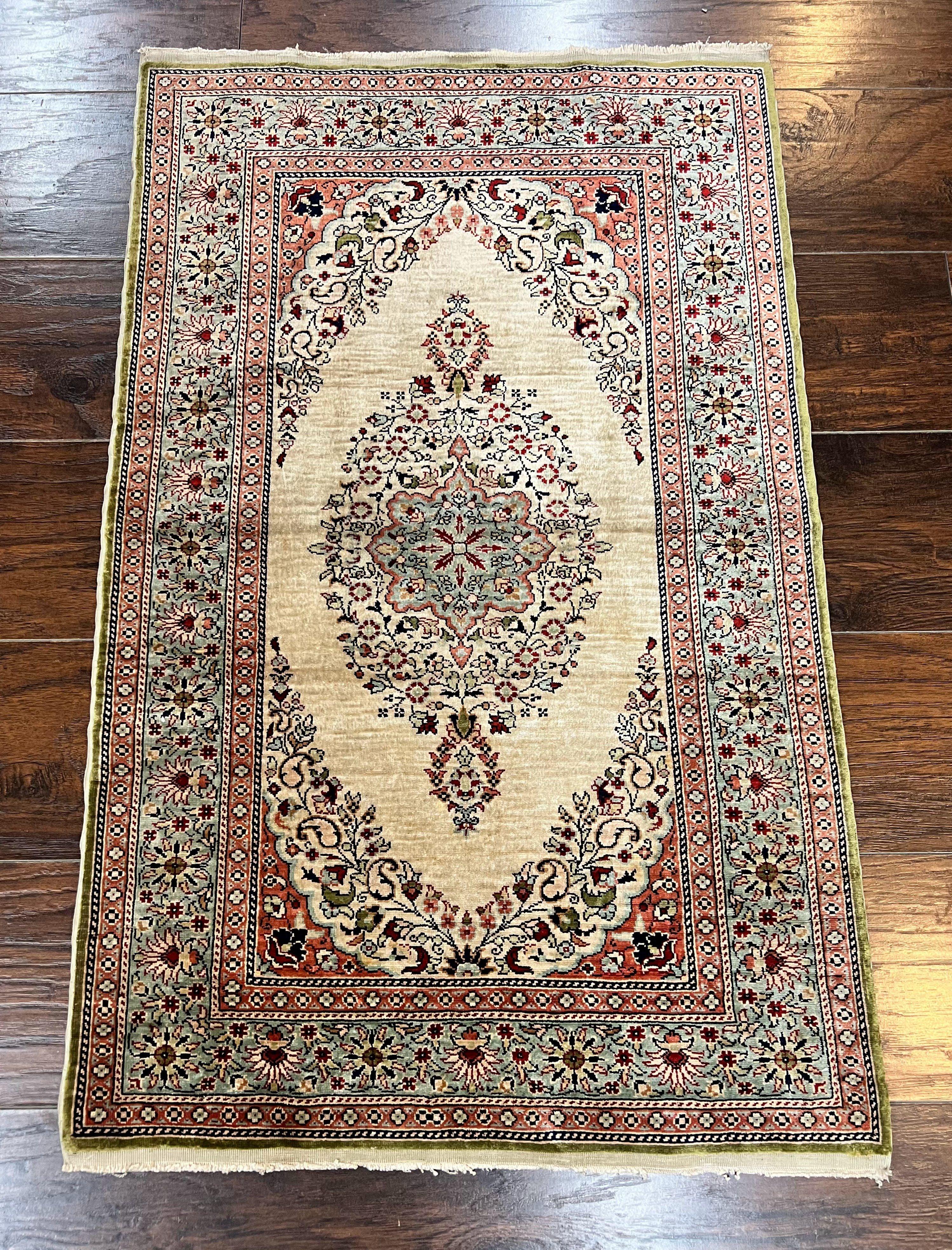 Silk Turkish Kayseri Rug 2x3, Very Finely Hand Knotted, Semi Open Field, Vintage, Silk Pile on Silk Foundation, 300 KPSI
