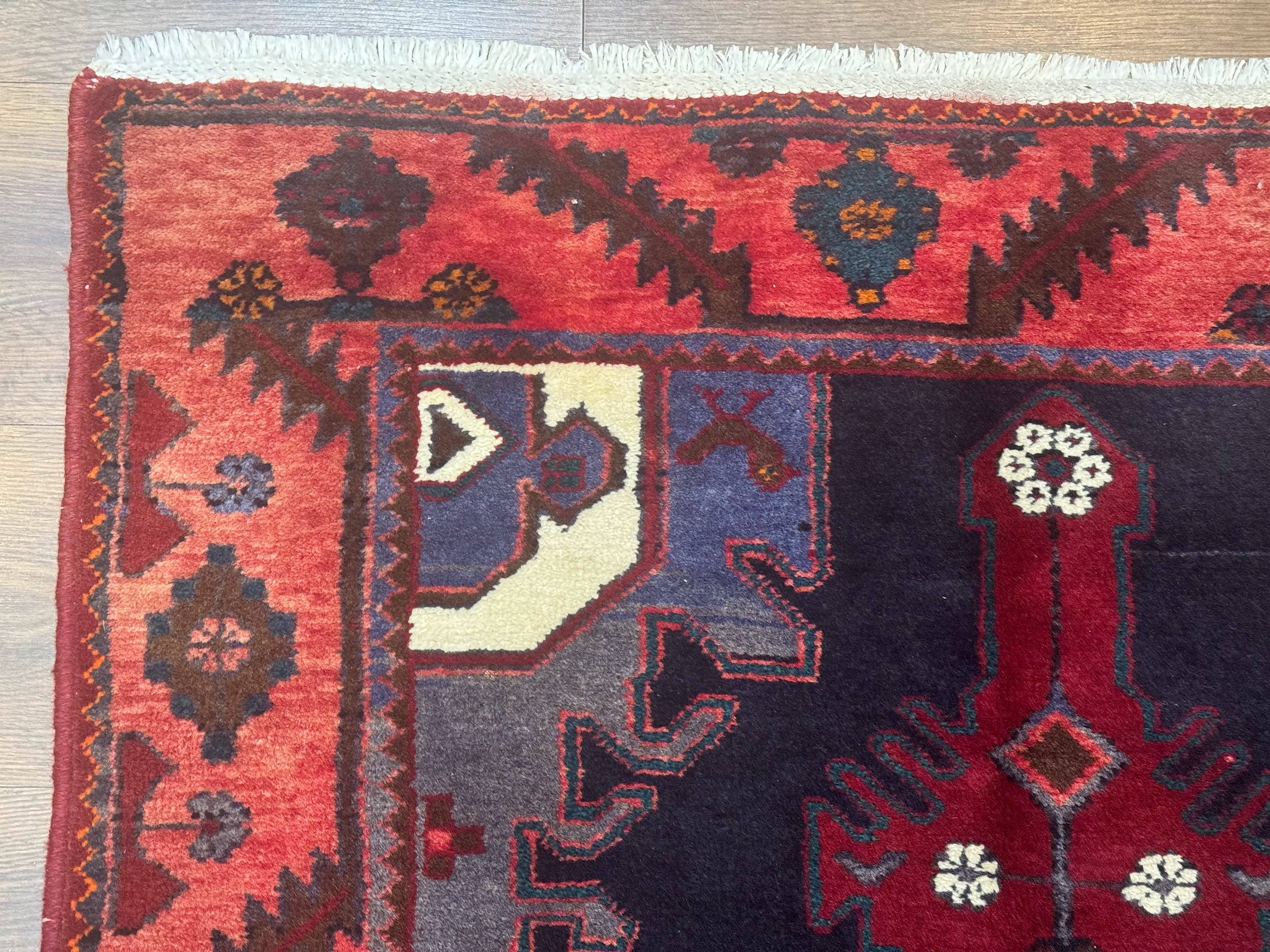 Persian Karajeh Runner Rug 3.6 x 9.5, Geometric Medallions, Tribal Village Rug, Navy Blue, Handmade