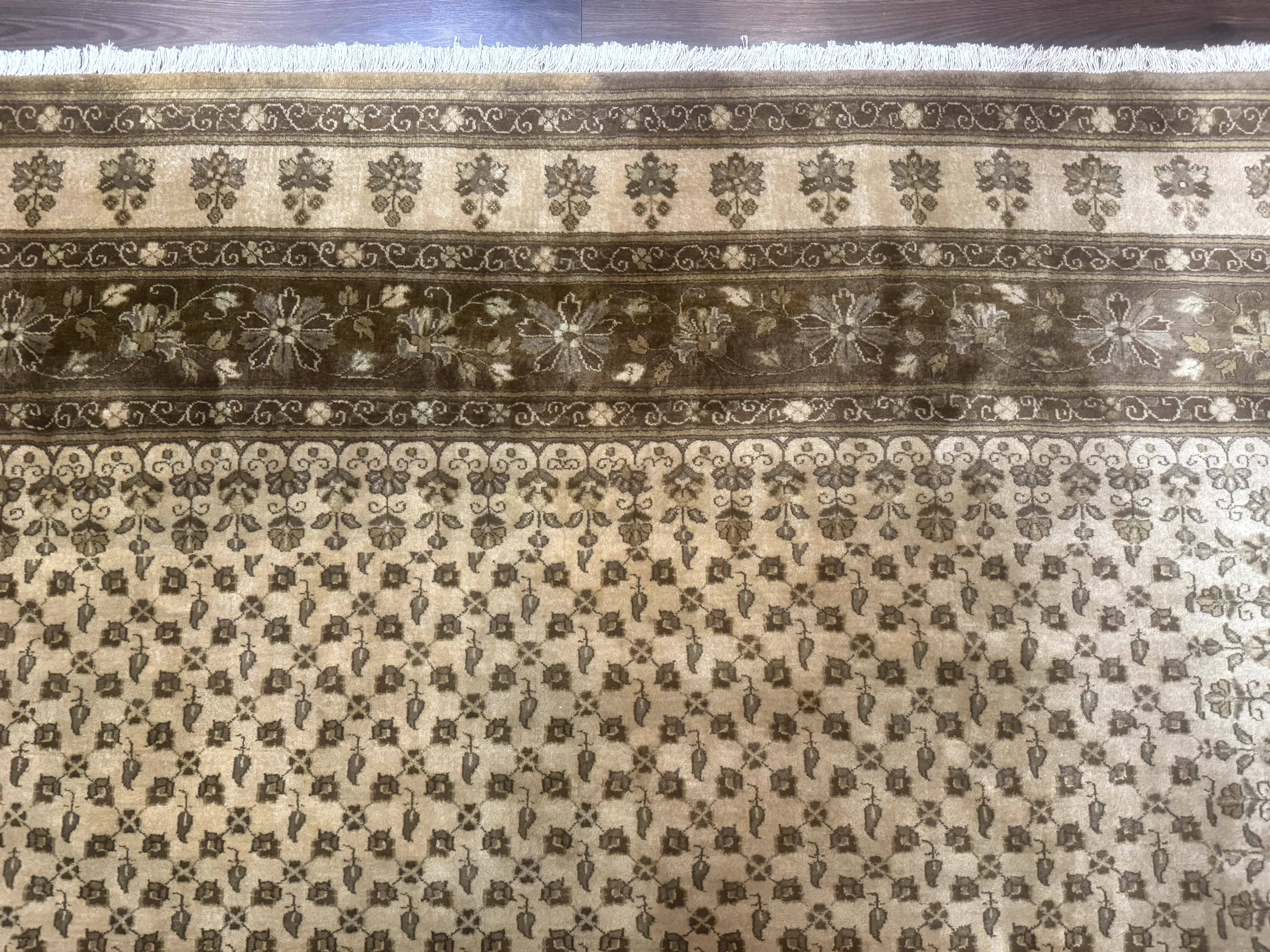 Indo Persian Rug 8x10, Allover Pattern, Beige, Wool Handmade Carpet