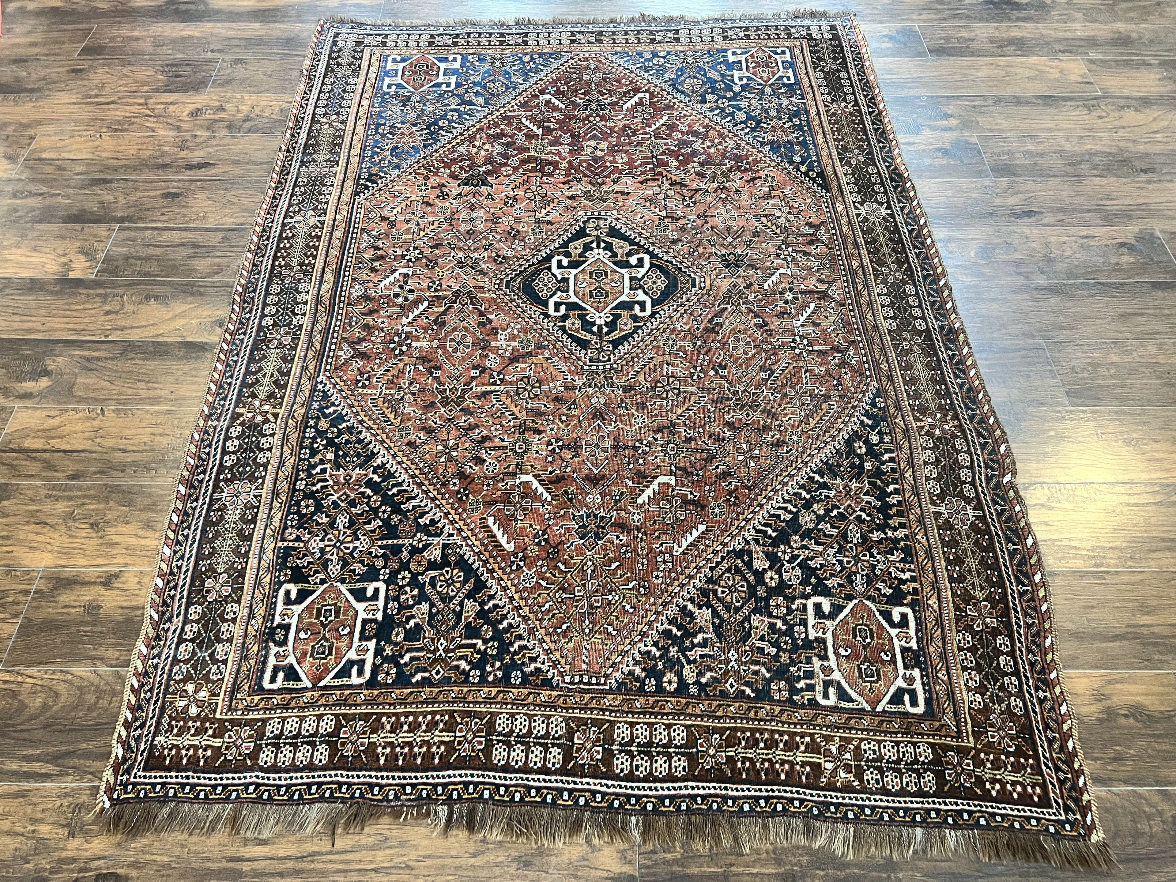 Antique Persian Shiraz Tribal Rug 6x8, Geometric Rug, Wool Handmade Hand Knotted Carpet, Red Blue