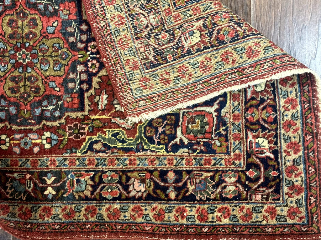 Antique Persian Tabriz Rug 3x5, Brick Red Navy Blue, Floral Medallion, Small Persian Carpet