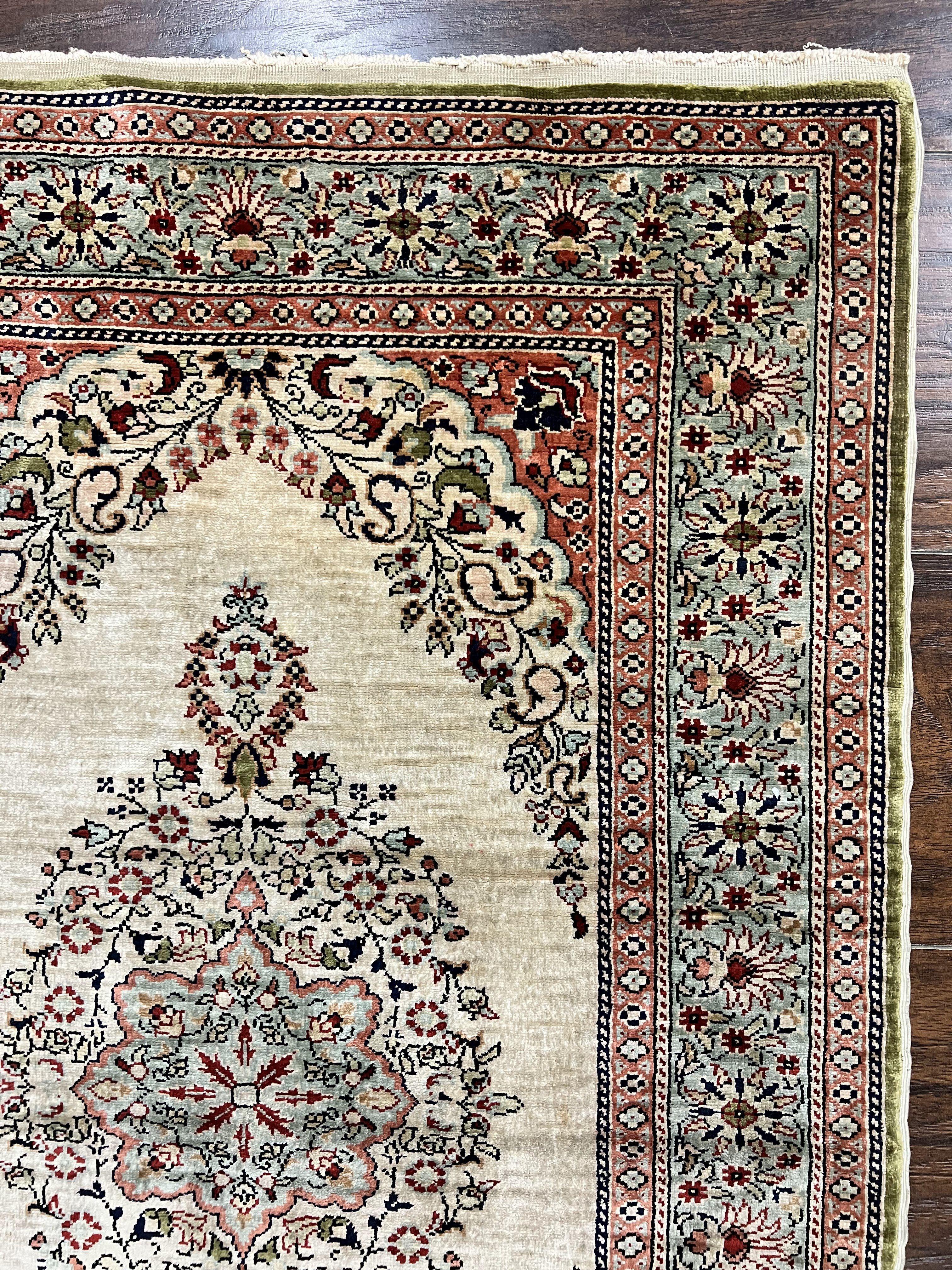 Silk Turkish Kayseri Rug 2x3, Very Finely Hand Knotted, Semi Open Field, Vintage, Silk Pile on Silk Foundation, 300 KPSI