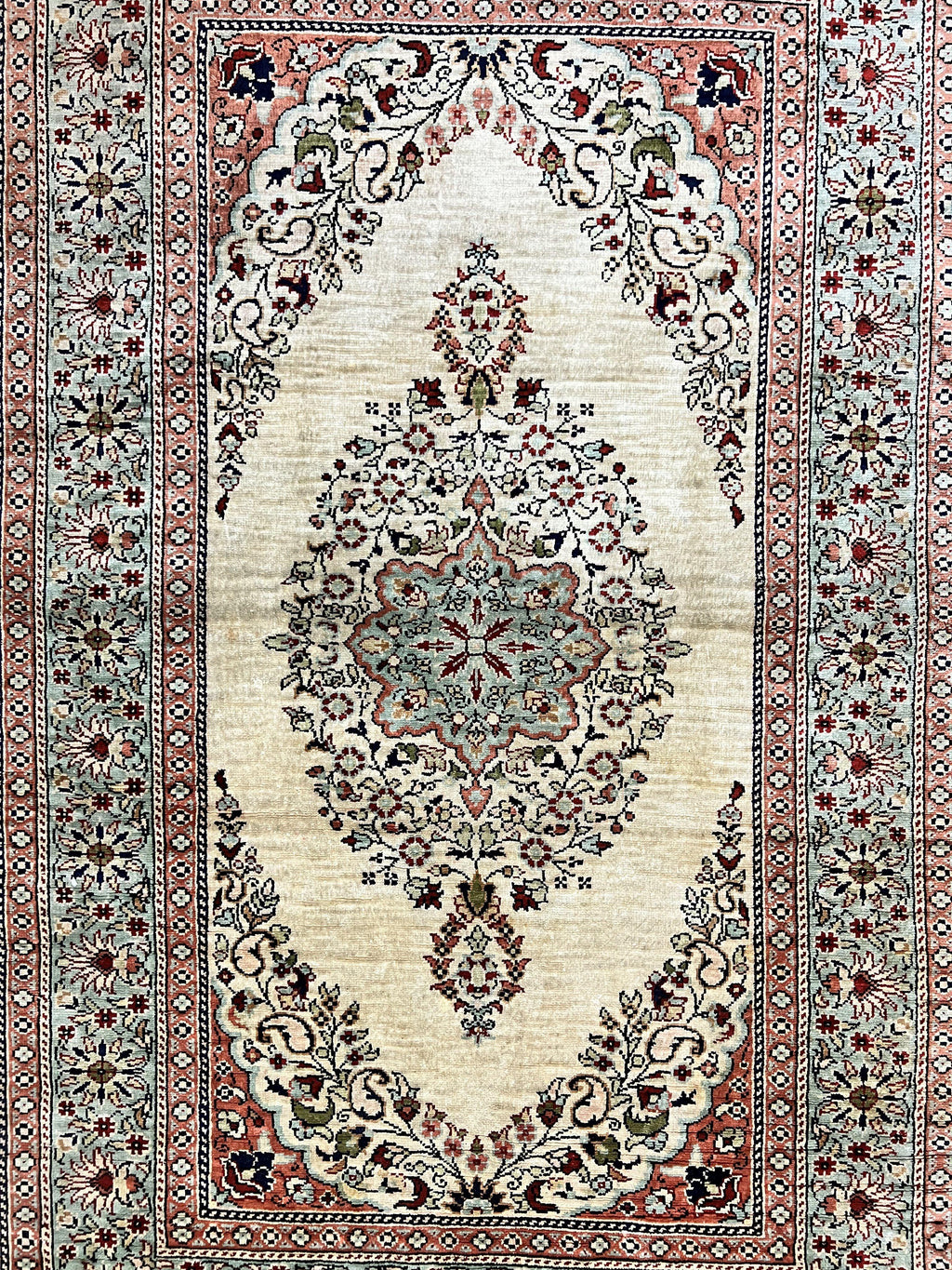 Silk Turkish Kayseri Rug 2x3, Very Finely Hand Knotted, Semi Open Field, Vintage, Silk Pile on Silk Foundation, 300 KPSI