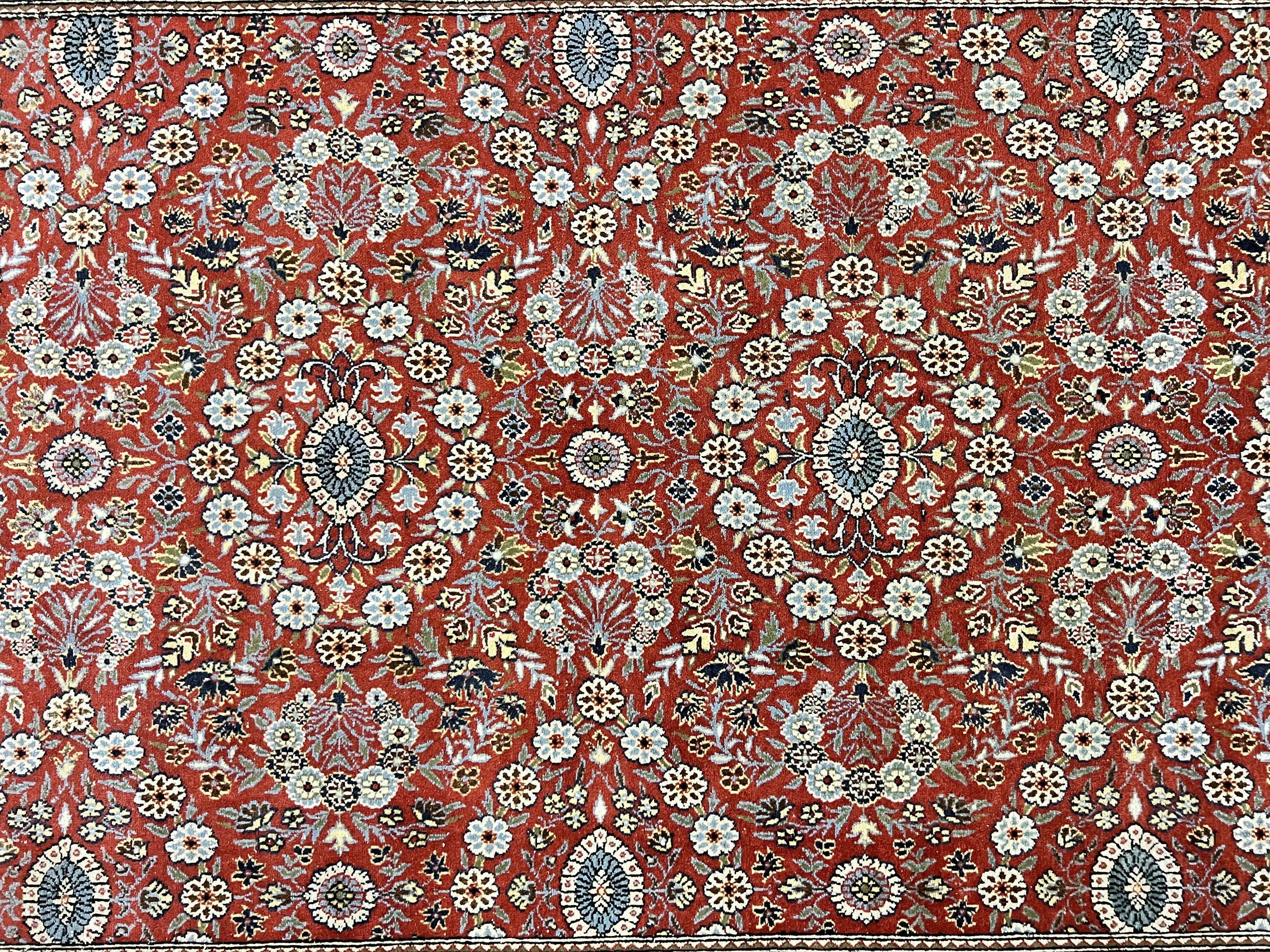 Red Persian Qum Rug 5 x 7.6, Hand Knotted Vintage Wool Fine Carpet 270 KPSI, Floral Allover