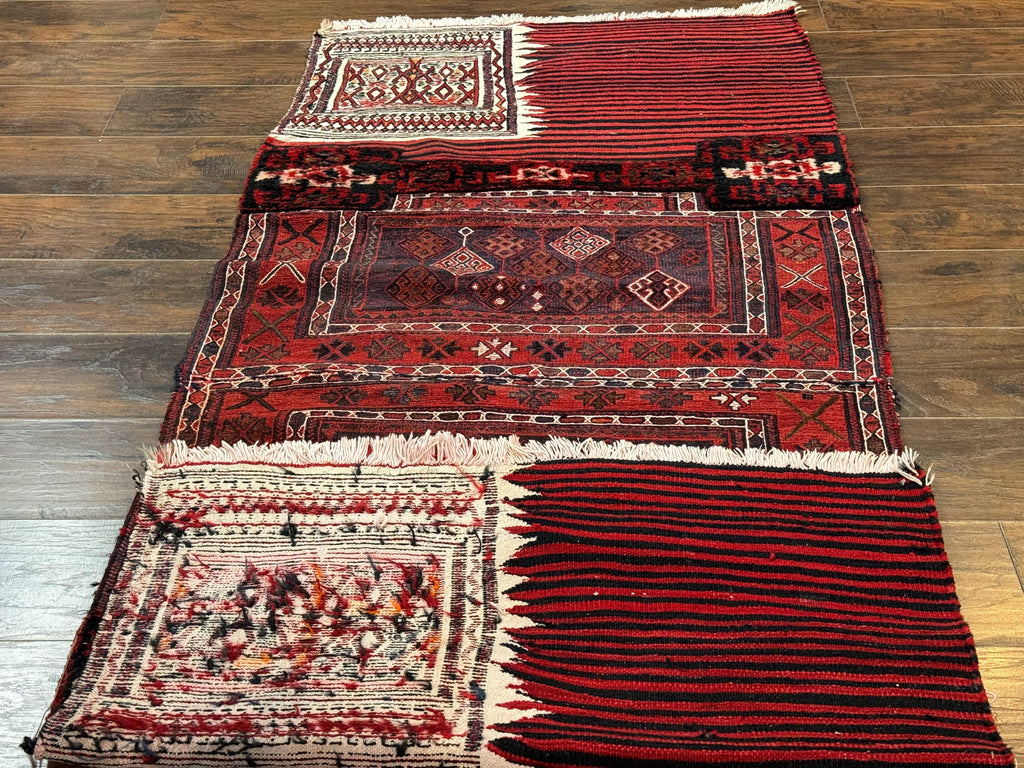 Persian Tribal Nomadic Saddle Cover Rug, Antique, Handmade, Wool, Red Ivory Black, Collectible, Shahsavan