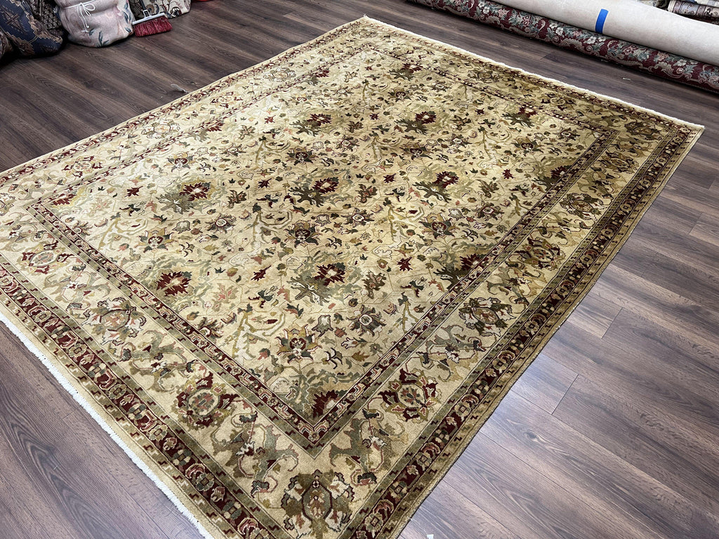 Indian Mahal Rug 8x10, Allover Floral Mahal Oriental Carpet 8 x 10, Handmade Hand Knotted Wool Rug, Indo Persian Area Rug, Tea-Washed Tan