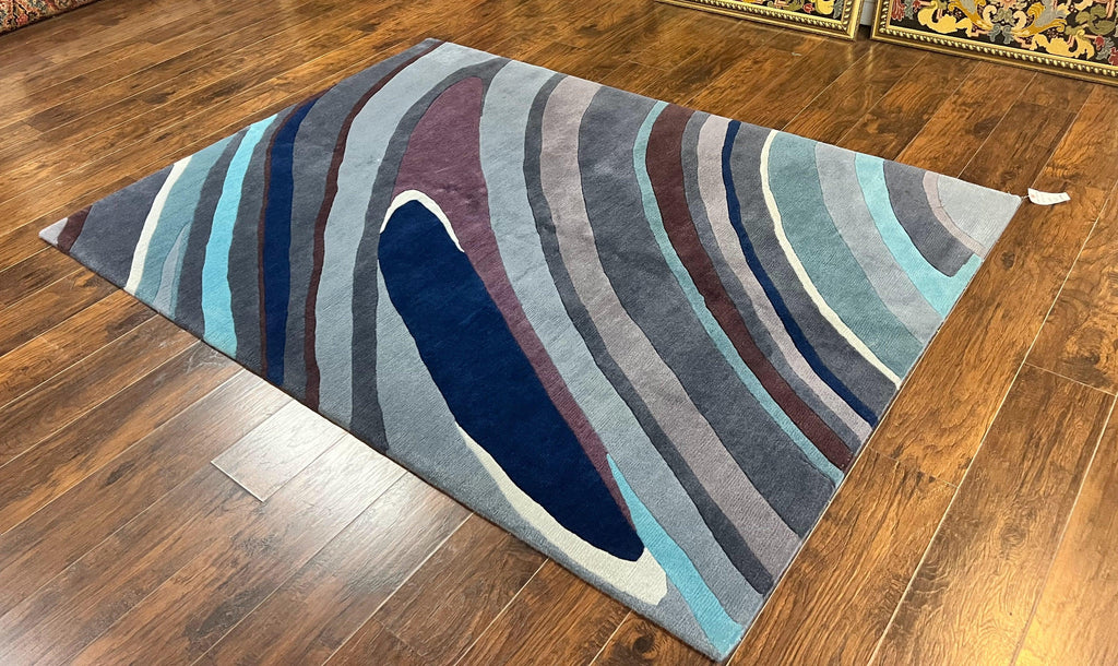 Modern Nepali Handmade Wool Rug 6x8, Blues Gray Mauve, Abstract, Nepali Tibetan Rug