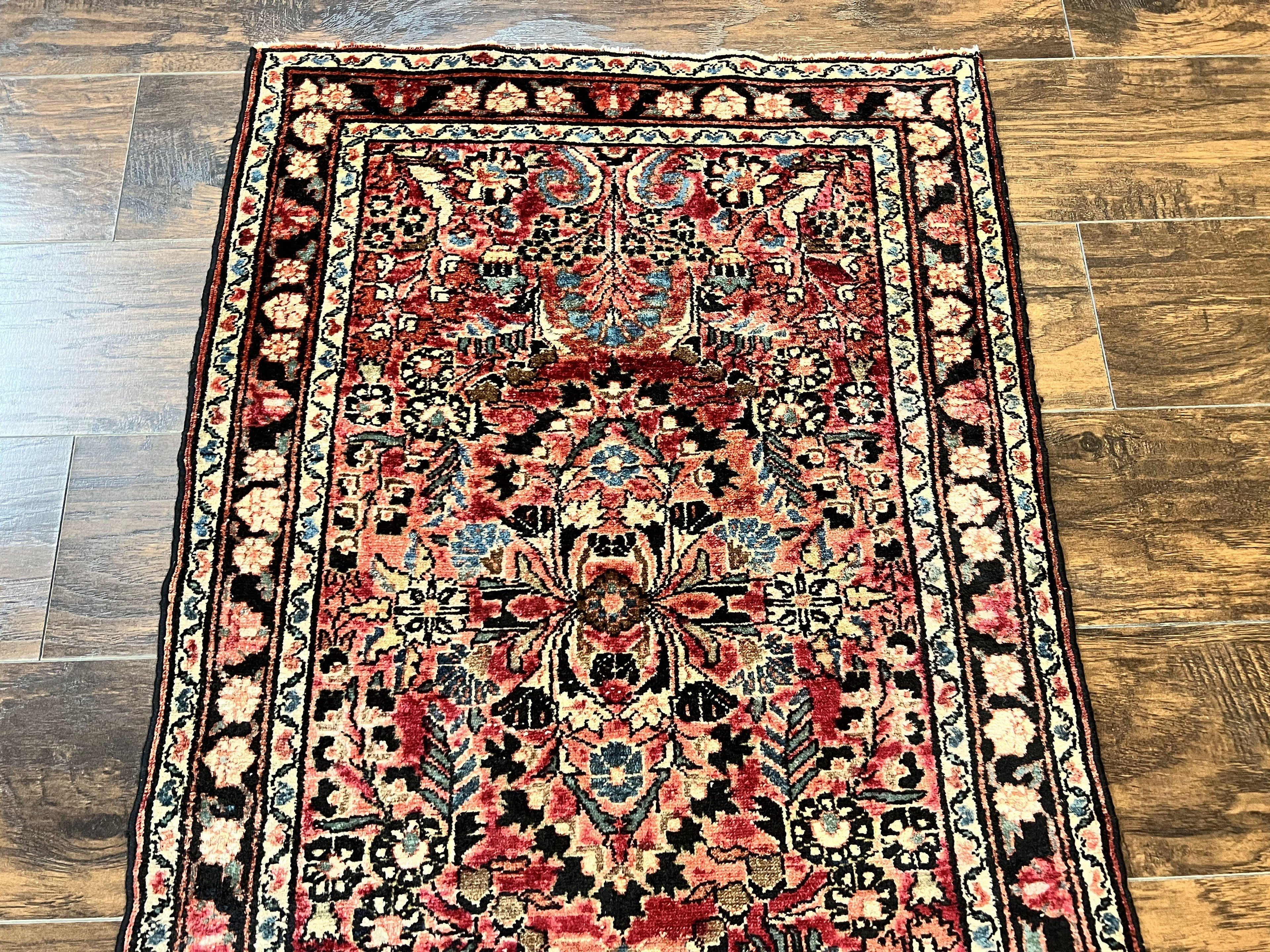 Small Antique Persian Rug 2.6 x 4, Red Floral Handmade 1920s Wool Rug, Persian Hamadan Lilian Rug