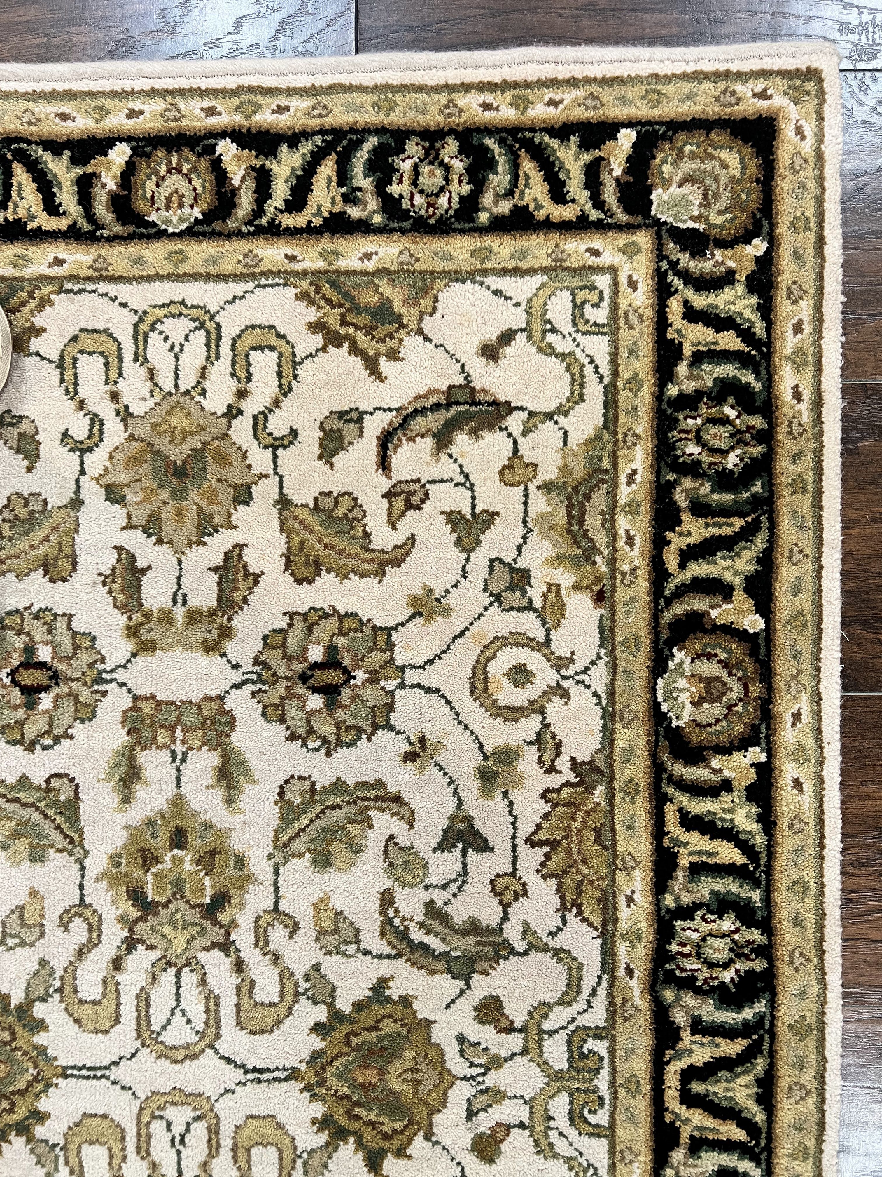 Small Indo Mahal Rug 2.5 x 4, Wool Indian Oriental Carpet, Hand Knotted Handmade Vintage Traditional Rug, Beige Tan Black