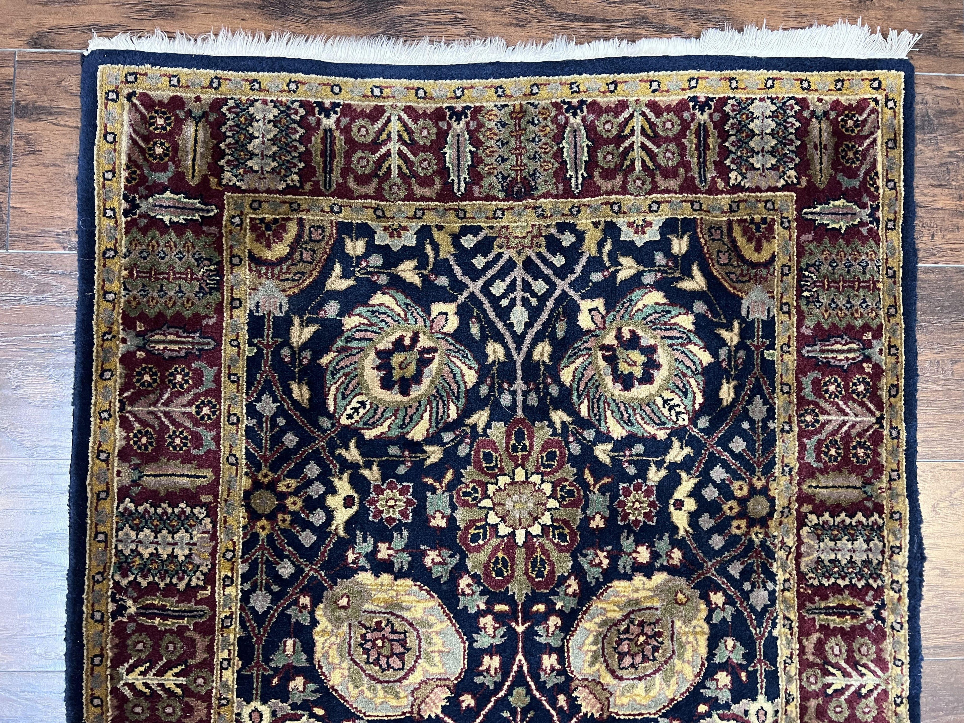 Indo Persian Runner 2.8 x 18, Long Skinny Hallway Wool Runner Rug, Hand Knotted Vintage Floral Allover Traditional Runner Dark Blue Burgundy