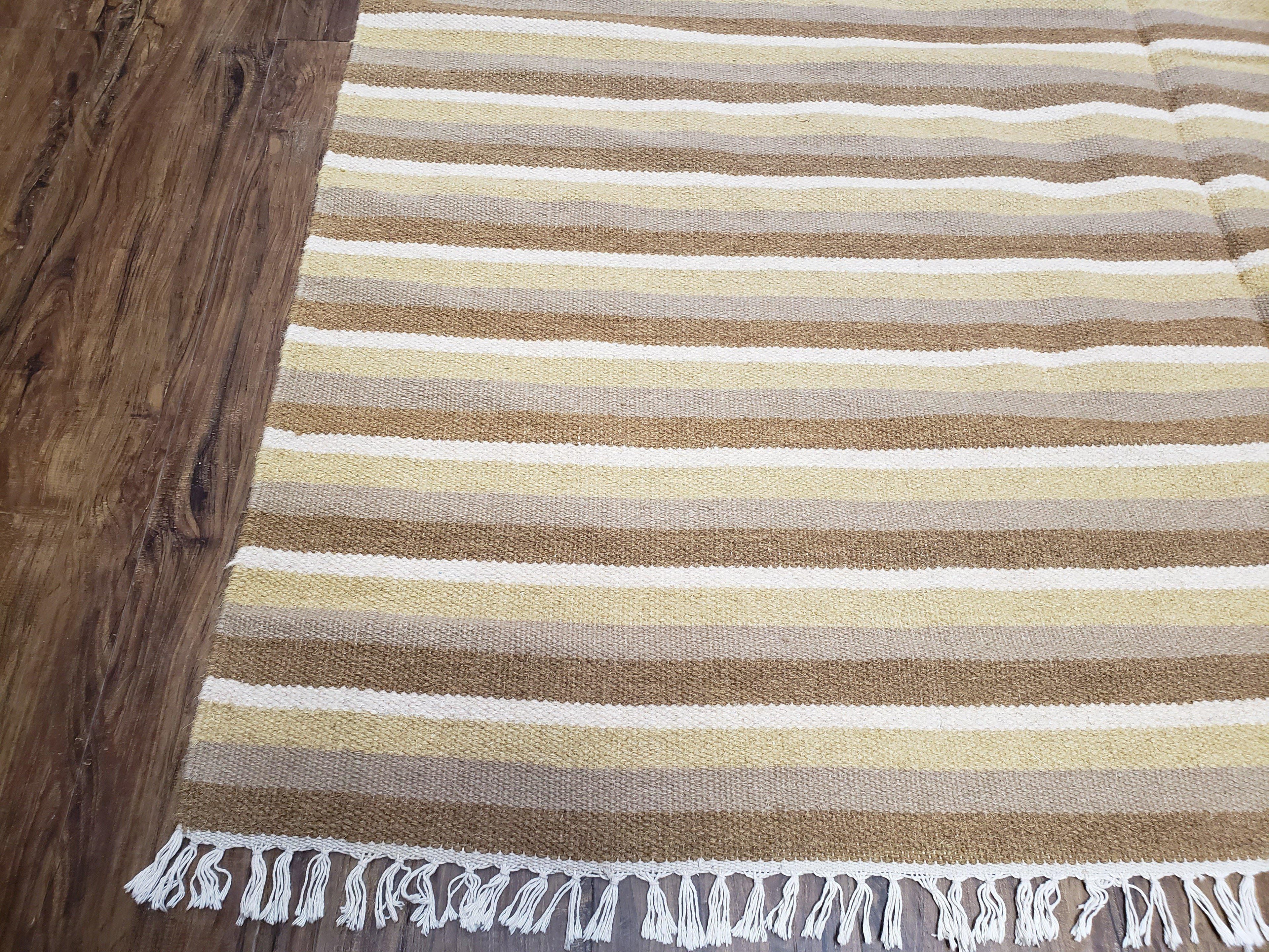 Indian Striped Blanket 6x9, Large Indo Kilim Area Rug, Earthern Tones Woolen Hand-Woven Flatweave South American Style Queen Size Bedspread