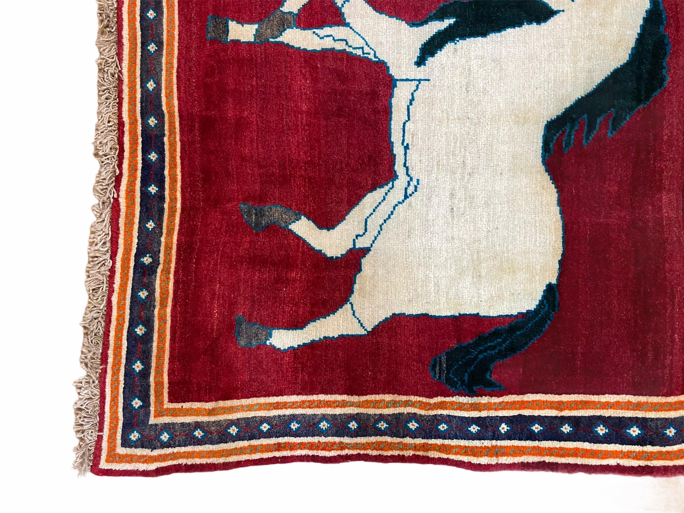 3.5 X 6 Handmade Hand-Knotted New Vintage Rug Quality Wool White Horses Red