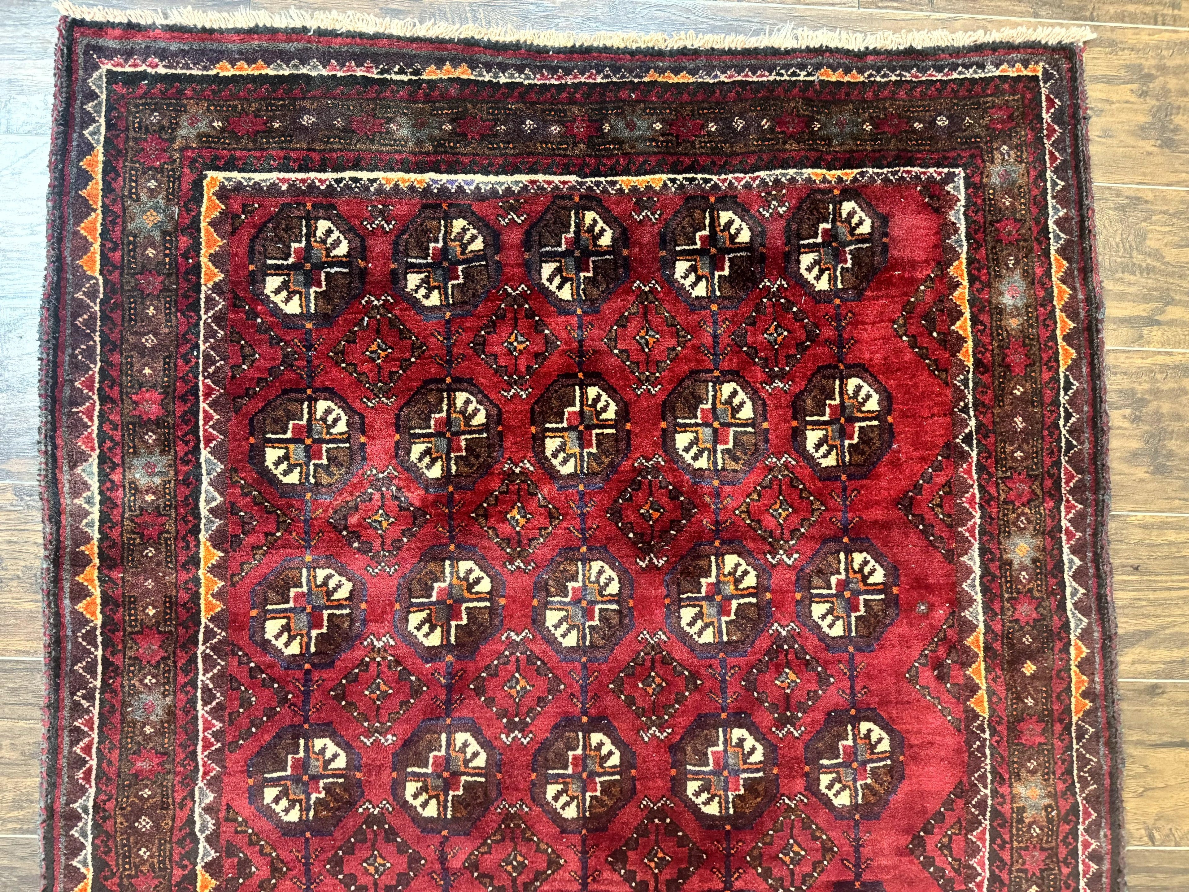 Persian Turkoman Tribal Rug 4x8, Handmade Vintage Wool Carpet, Red, Bohemian Rug