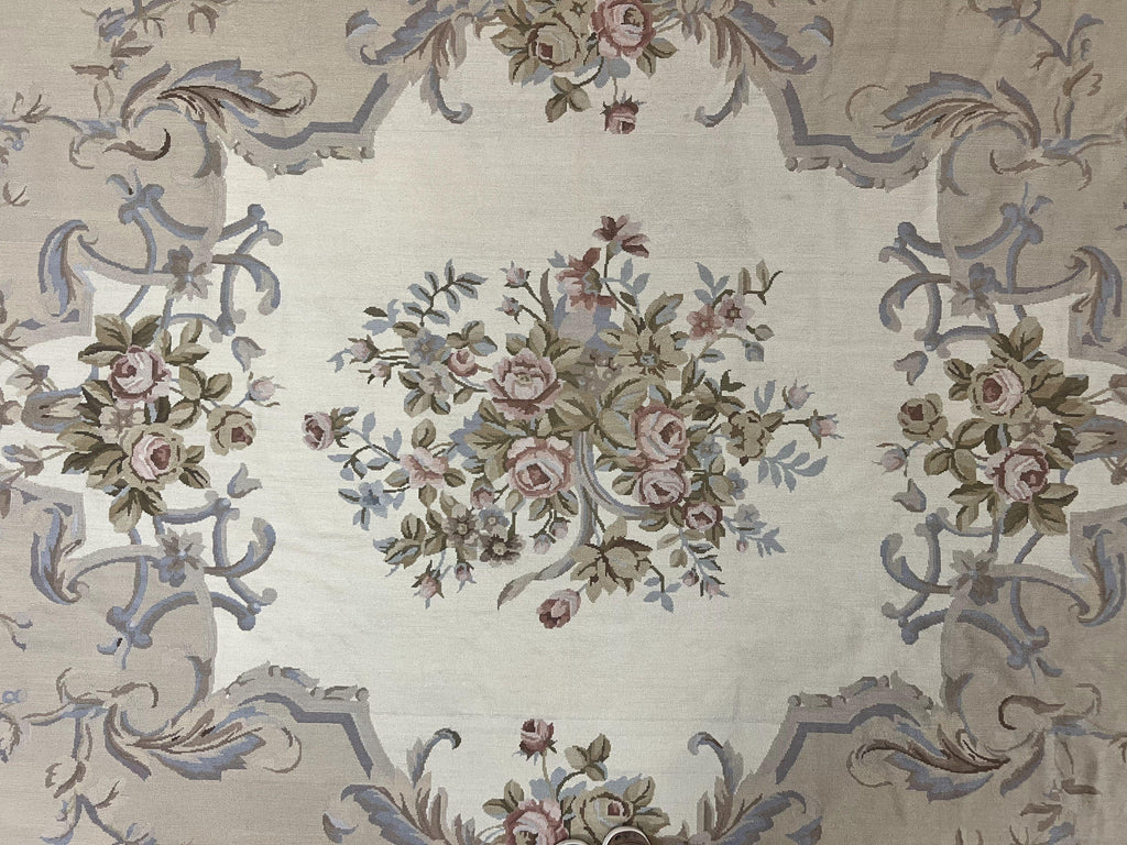 Aubusson Needlepoint Rug 9x12, VIntage Handmade Wool Beige Floral European Elegant Rug 9 x 12, Floral Roses