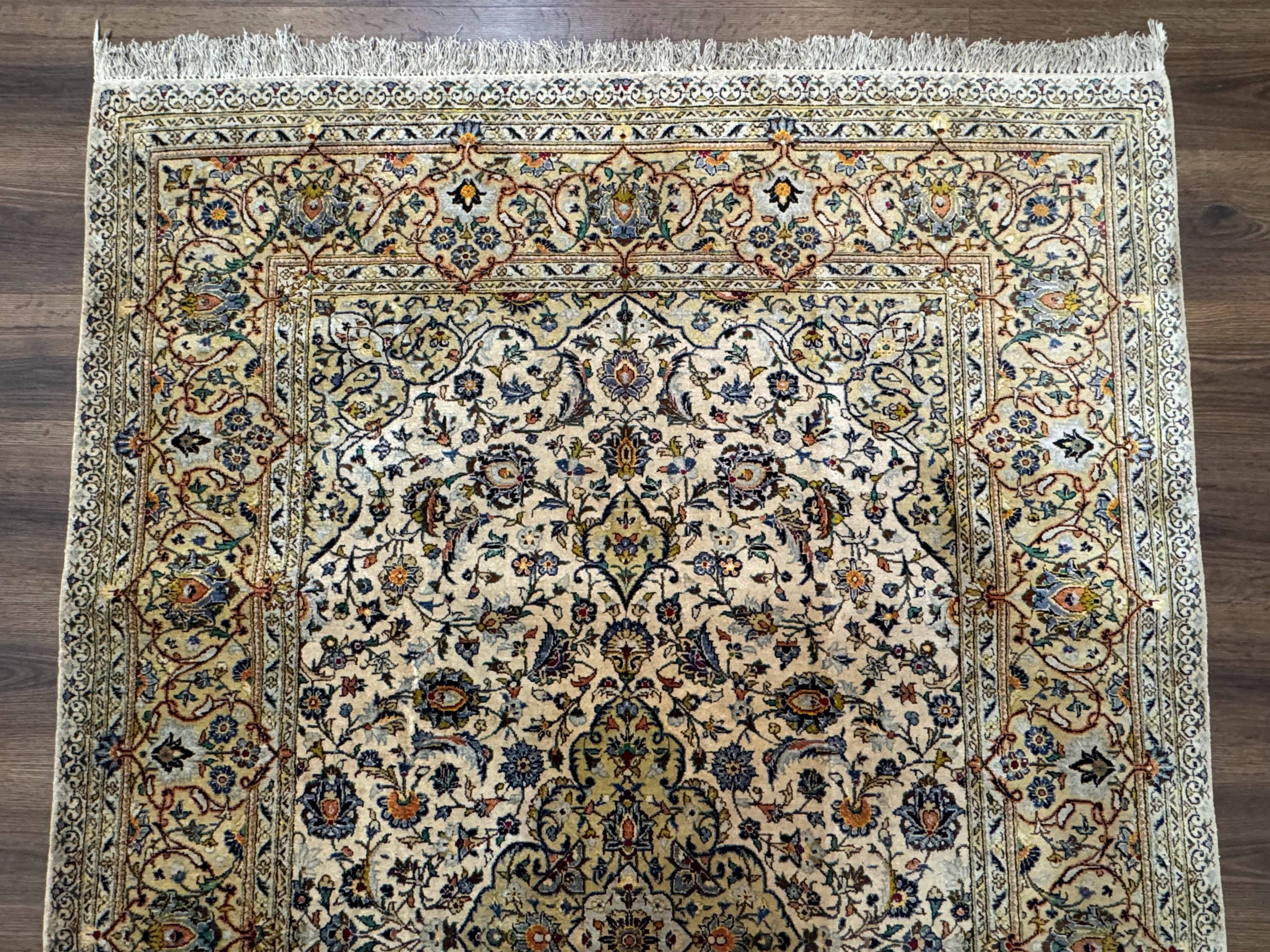 Rare Silk Persian Kashan Rug 4.6 x 7, Antique Fine 310 KPSI, Ivory