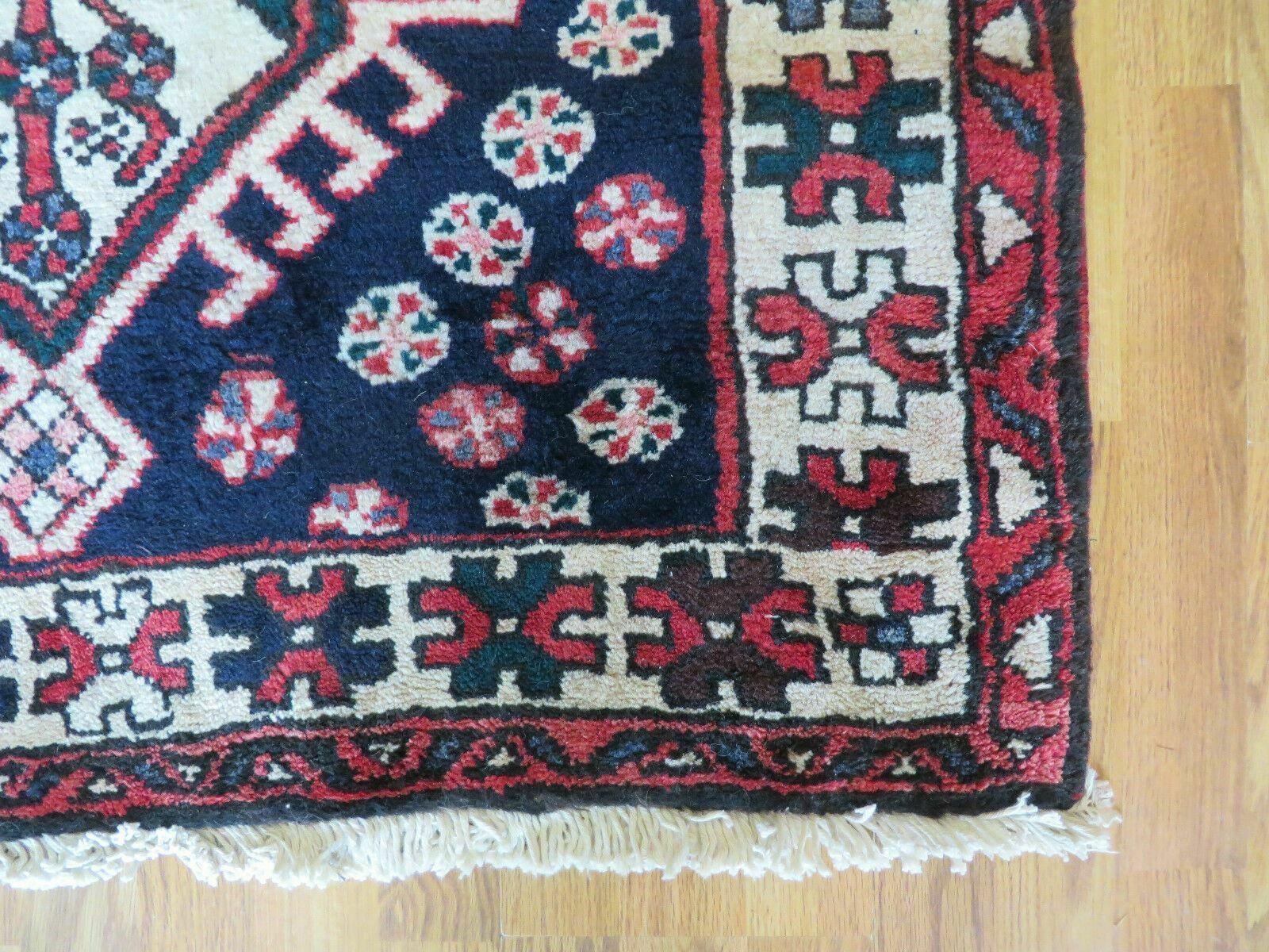 Persian Runner Rug 3.5 x 10.7, Karajeh Heriz Rug, Navy Blue, Geometric Medallions