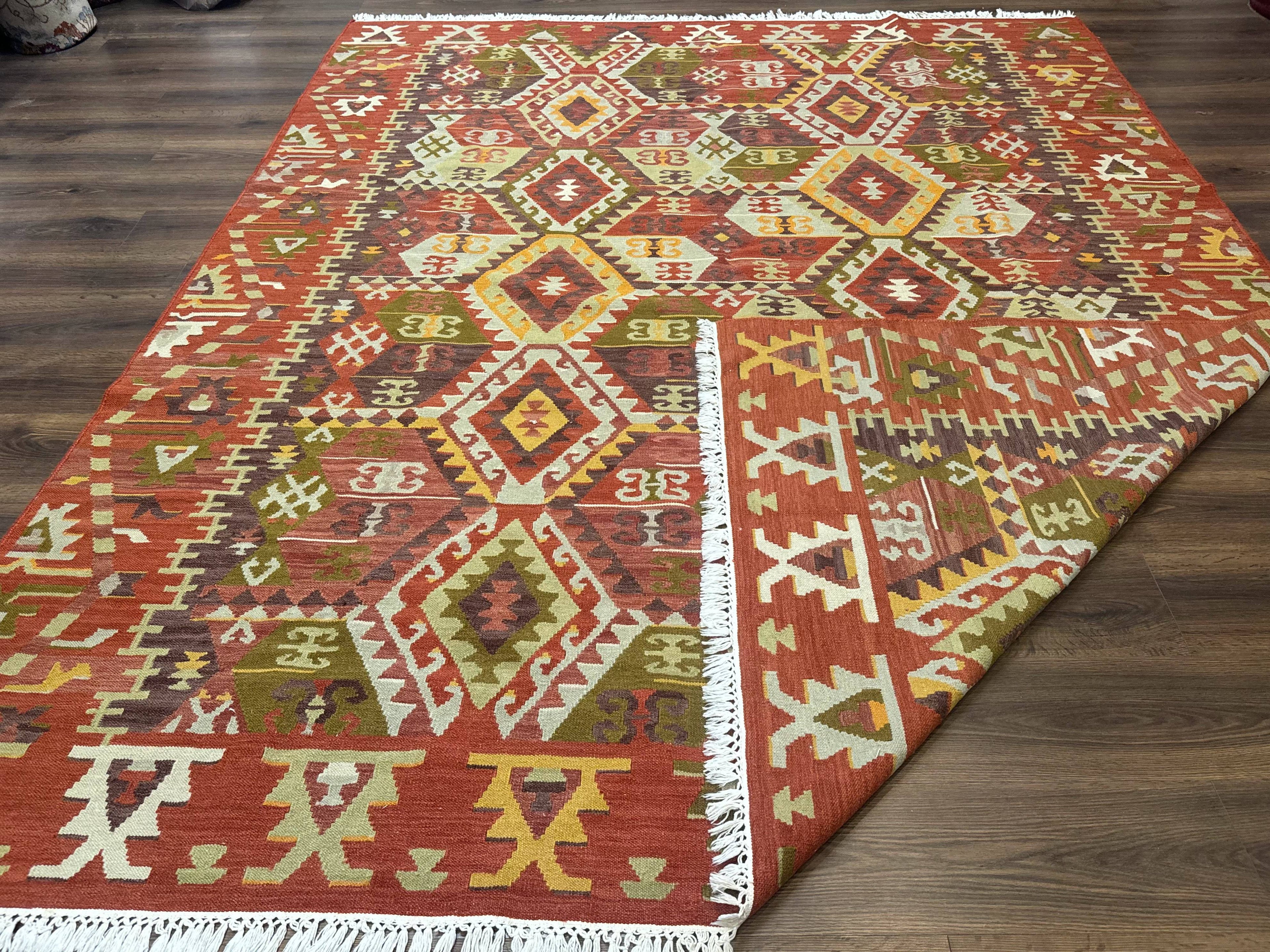 Turkish Kilim Rug 8x10, Geometric Design, Large Kilim Carpet