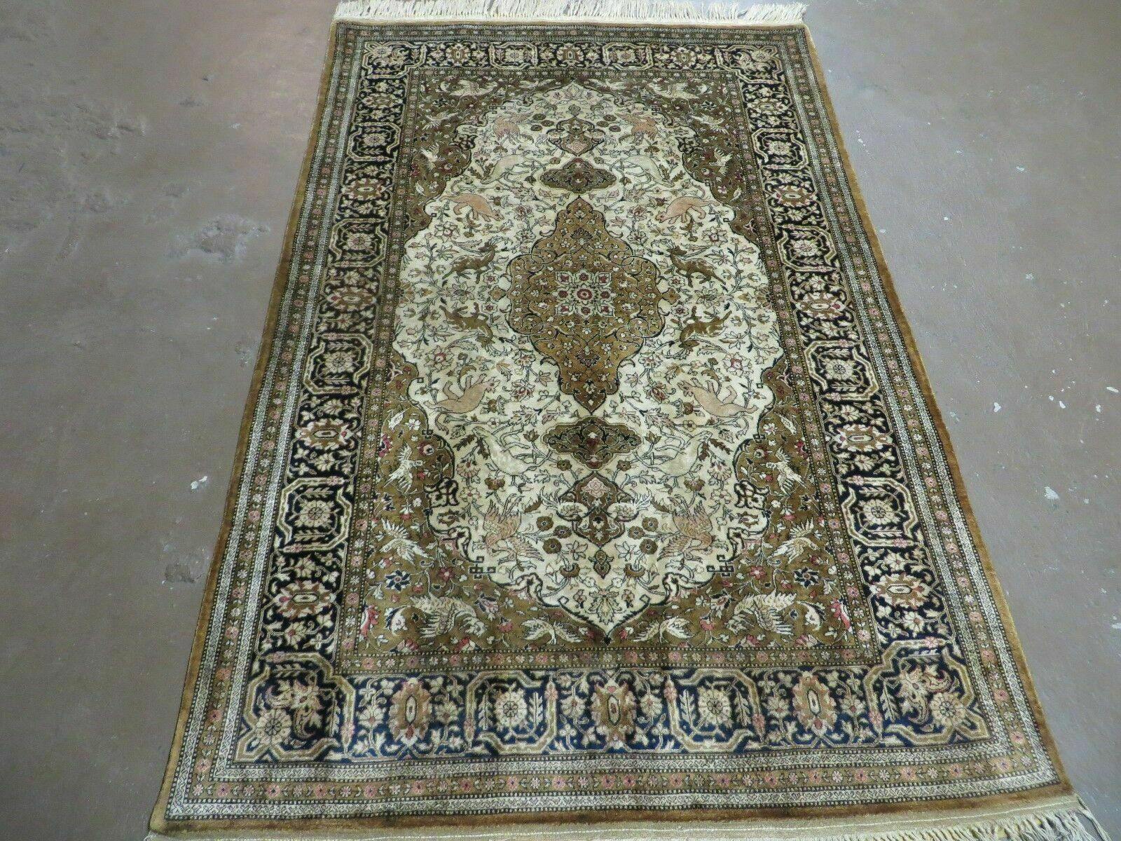 Handmade Silk Rug 3x5, Vintage Antique Silk Carpet, Hand-Knotted Oriental Rug 3 x 5, Animal Motifs, Deer Birds, One-Of-A-Kind
