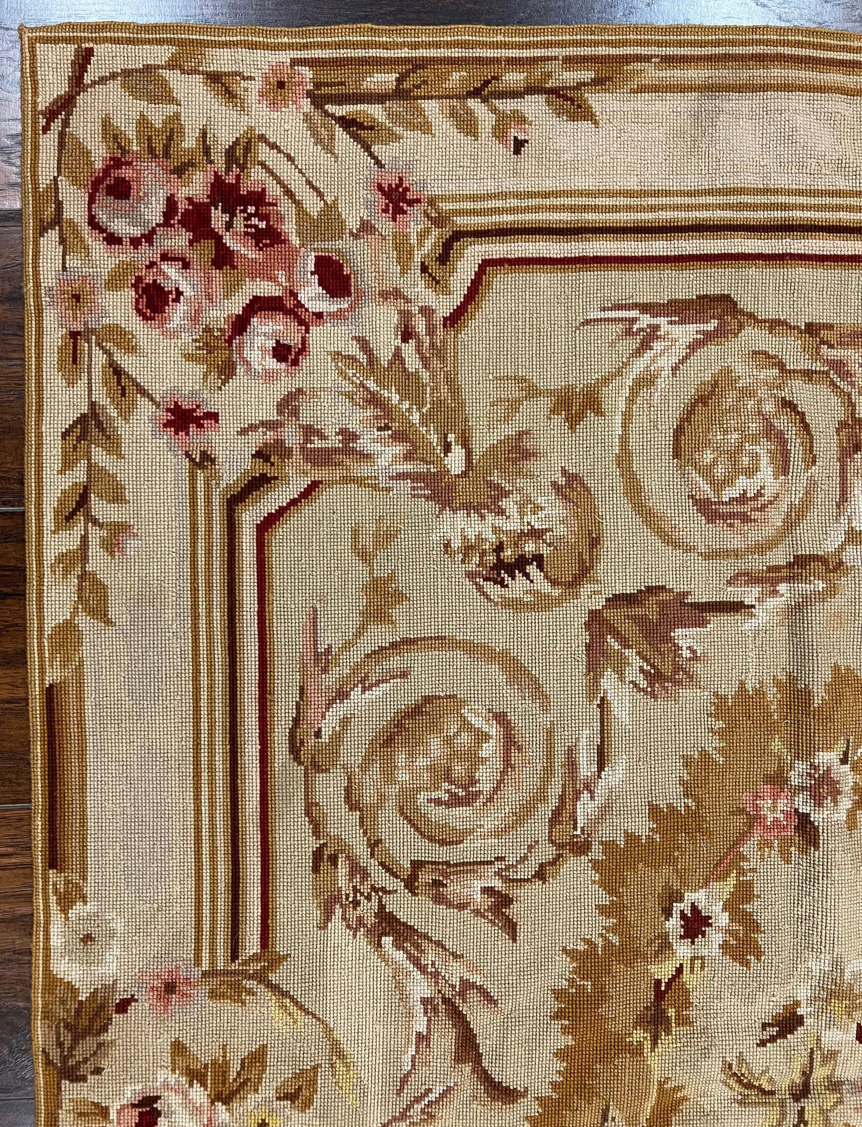 Aubusson Needlepoint Rug 4x5 ft, Beige and Tan, Aubusson Savonnerie Vintage Carpet, Handwoven Handmade Wool Rug, European Design Floral Rose