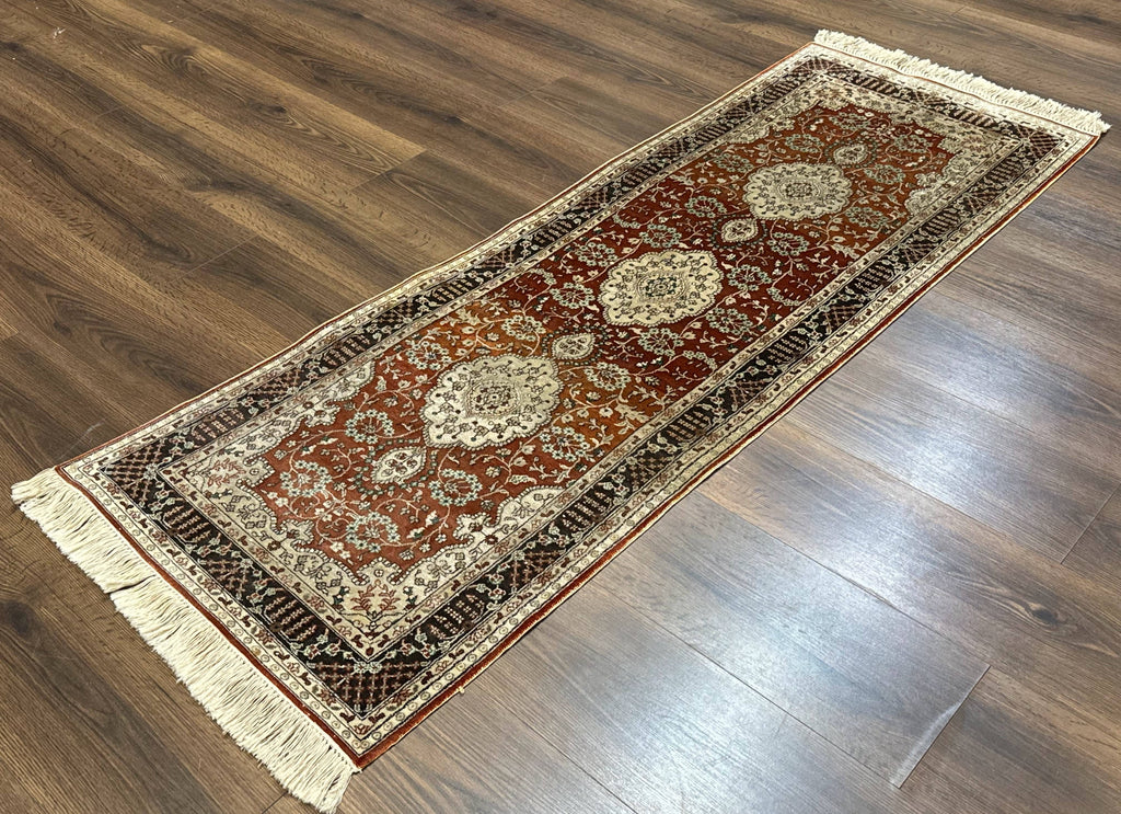 Turkish Silk Narrow Runner Rug 2 x 5.8, Very Fine 340 KPSI, Floral Medallions, Red