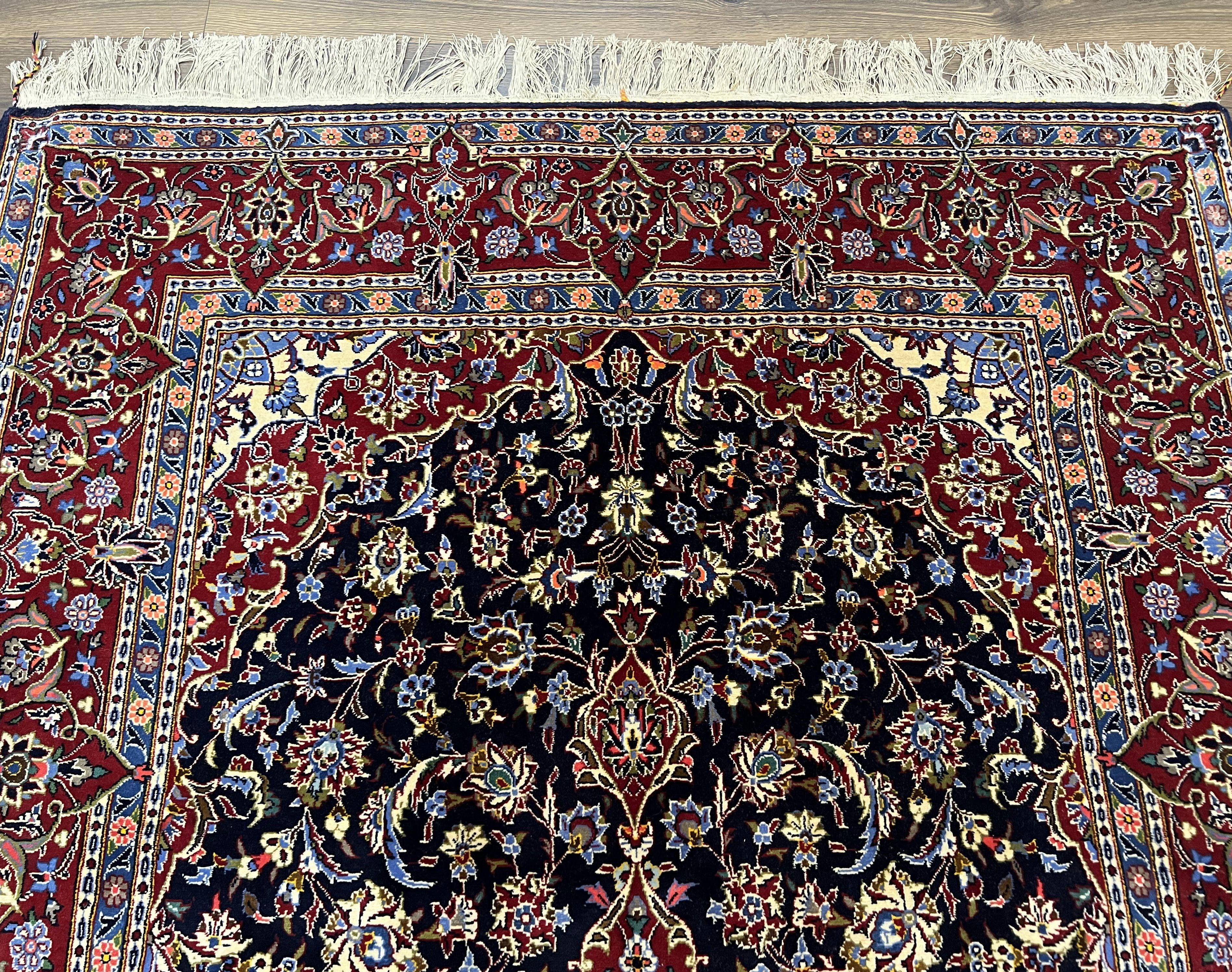 Dark Blue Persian Rug 5x8, Kork Wool Semi Antique Kashan Carpet, Very Fine Lachak Toranj Rug, Hand Knotted Floral Medallion Rug, 5 x 8 Oriental Rug