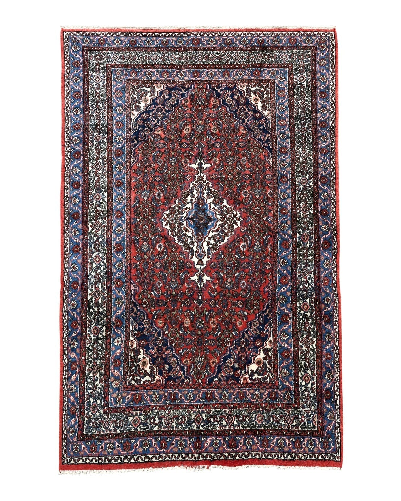 Persian Tribal Rug 6x11, Red Blue Ivory, Antique Persian Carpet, Hamadan Dargazin Carpet