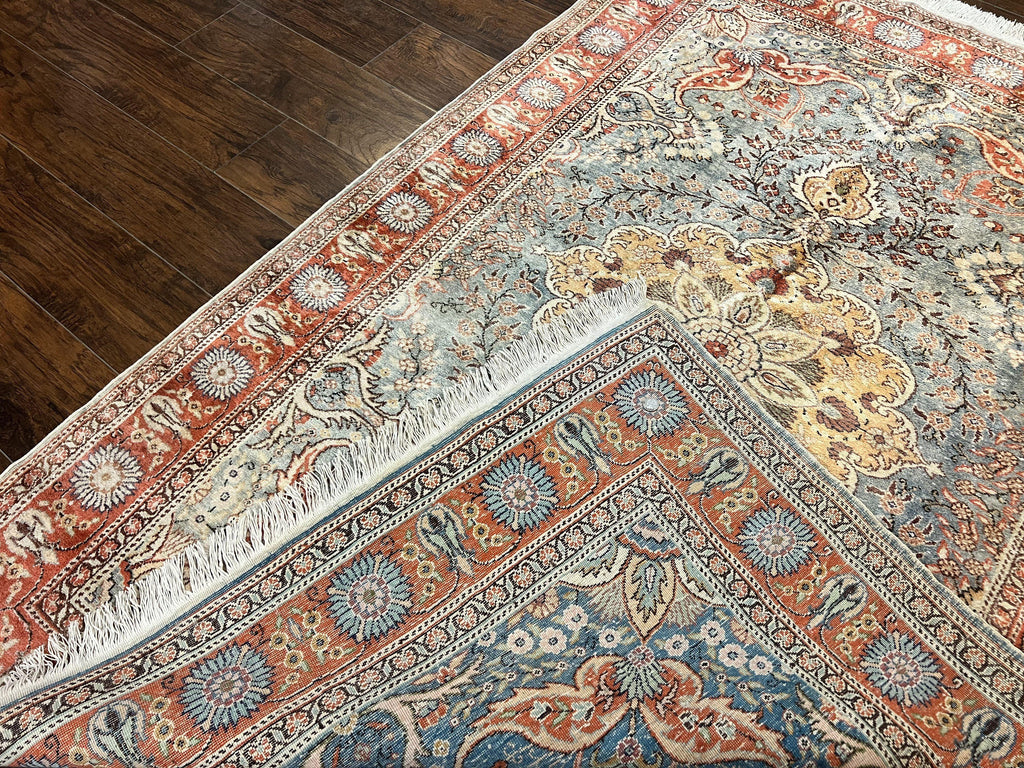 Silk Turkish Rug 5x7, Light Blue Silk Carpet, Floral Medallion, Turkish Kayseri Rug, Vintage Handmade Oriental Rug