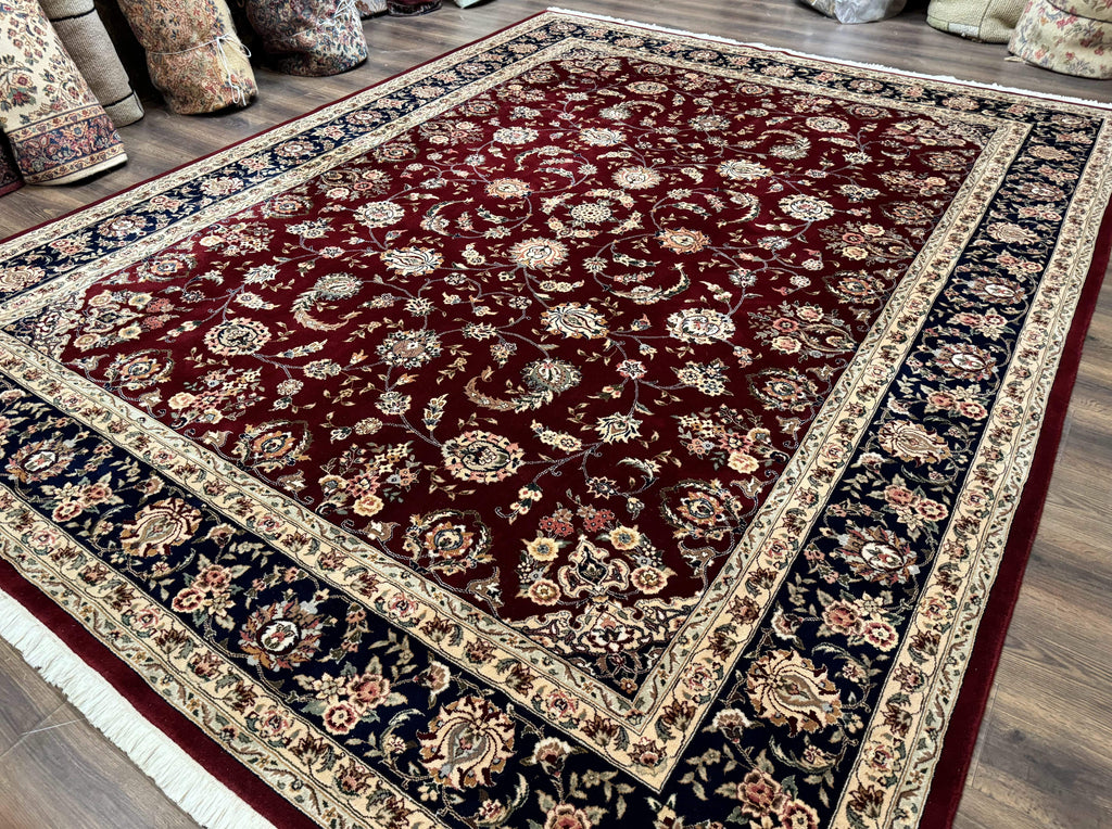 Sino Persian Rug 9x11, Burgundy and Navy Blue, Fine 200 KPSI, Floral Allover