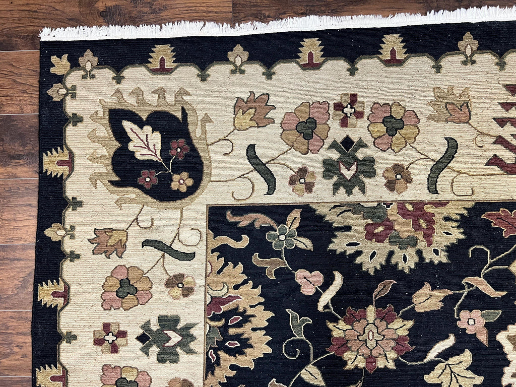 Indo Persian Rug 10x14, Wool Handmade Room Sized Floral Oriental Carpet, Indian Mahal Flatweave Rug, Black Beige