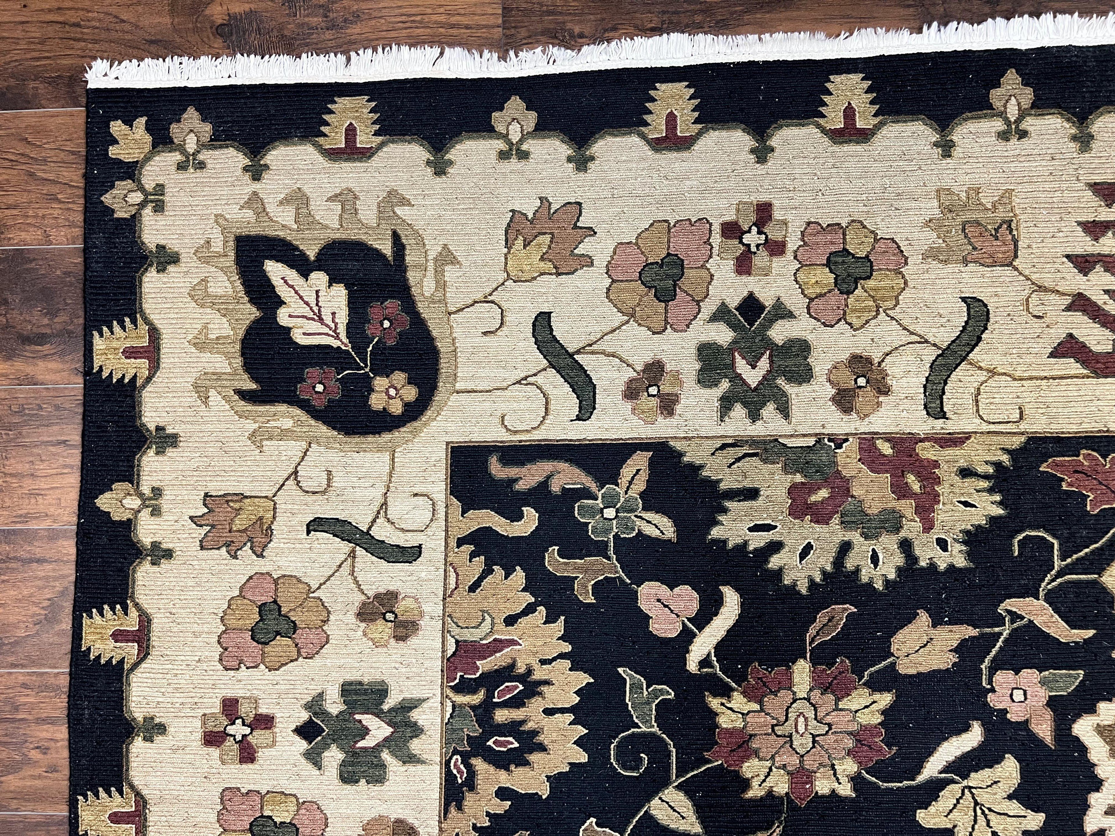 Indo Persian Rug 10x14, Wool Handmade Room Sized Floral Oriental Carpet, Indian Mahal Flatweave Rug, Black Beige