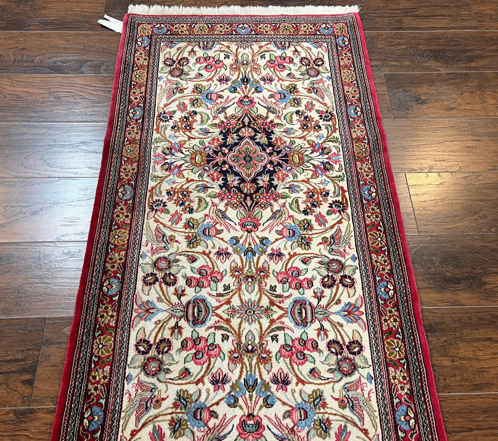 Wonderful Persian Qum Runner Rug 2.8 x 10 ft, Floral Medallions with Bird Motifs, Hand Knotted Wool Fine Oriental 10ft Hallway Runner, Cream Red