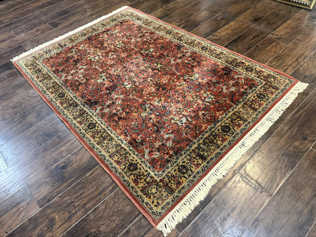 Persian Hunting Design Rug 4.7 x 6.5, Hunting Scene, Red-Orange, Wool, Belgian Power Loomed Carpet