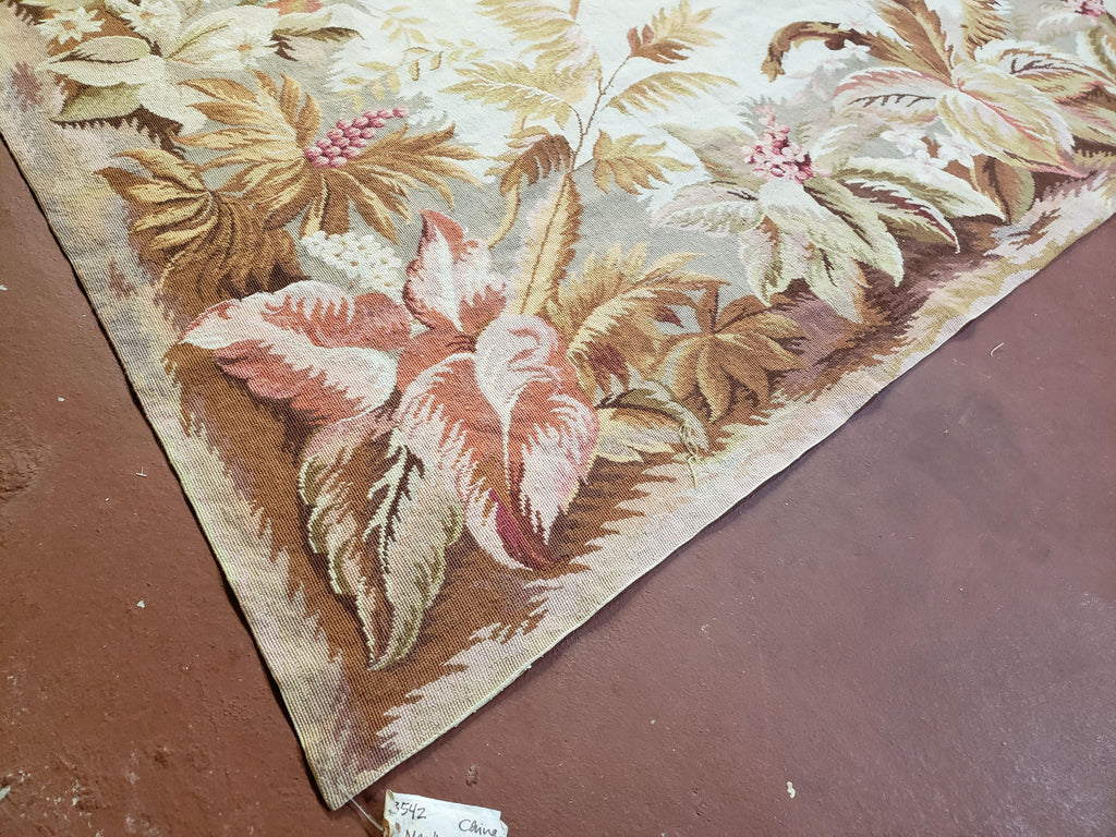 7' 7" x 9' 8" Needlepoint Rug Floral Beige Flat Weave Carpet 8x10 Handmade New Area Rug