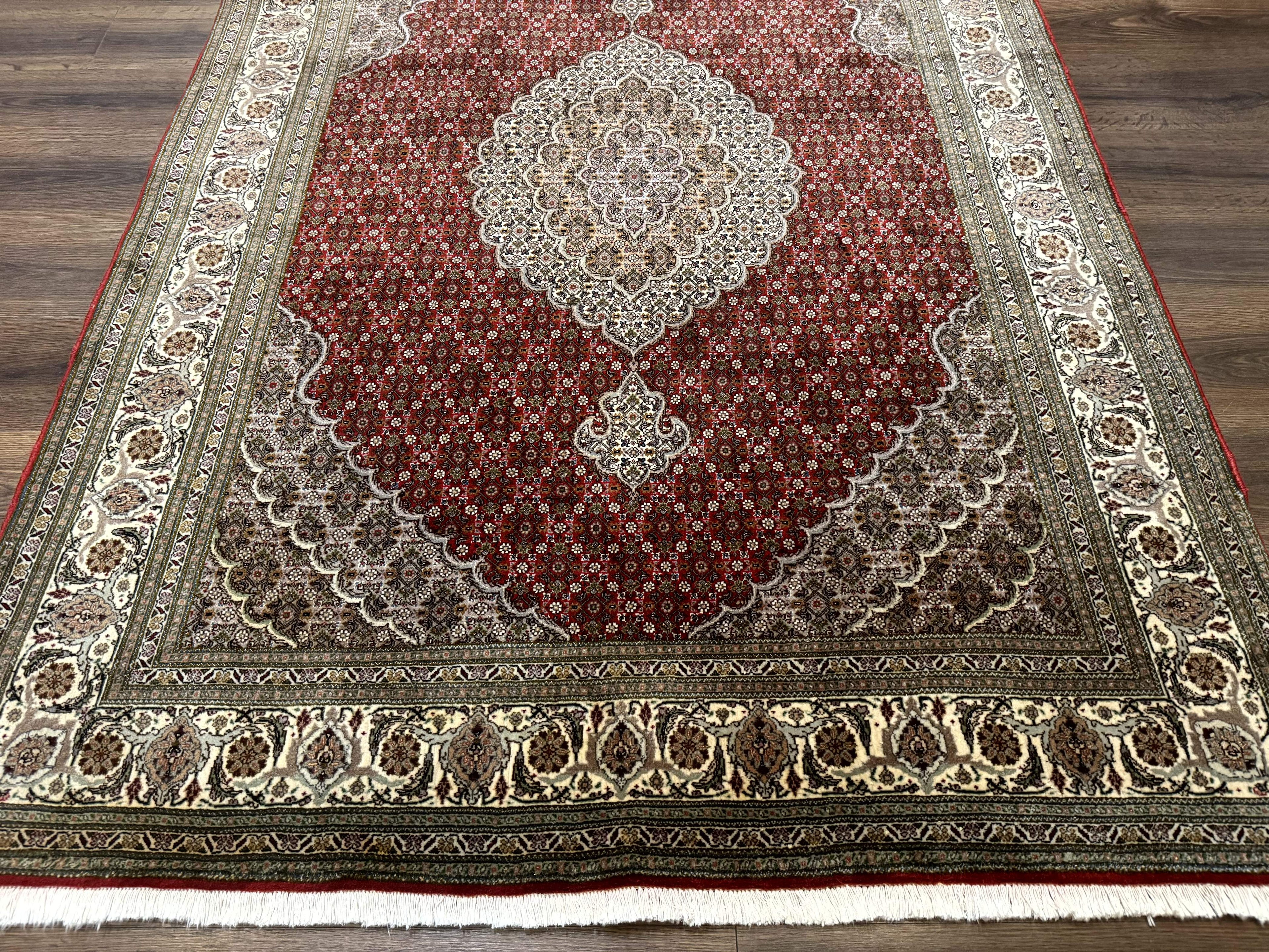 Persian Rug 5x7, Very Fine 330 KPSI, Red and Ivory, Herati Mahi Pattern, Wool & Silk